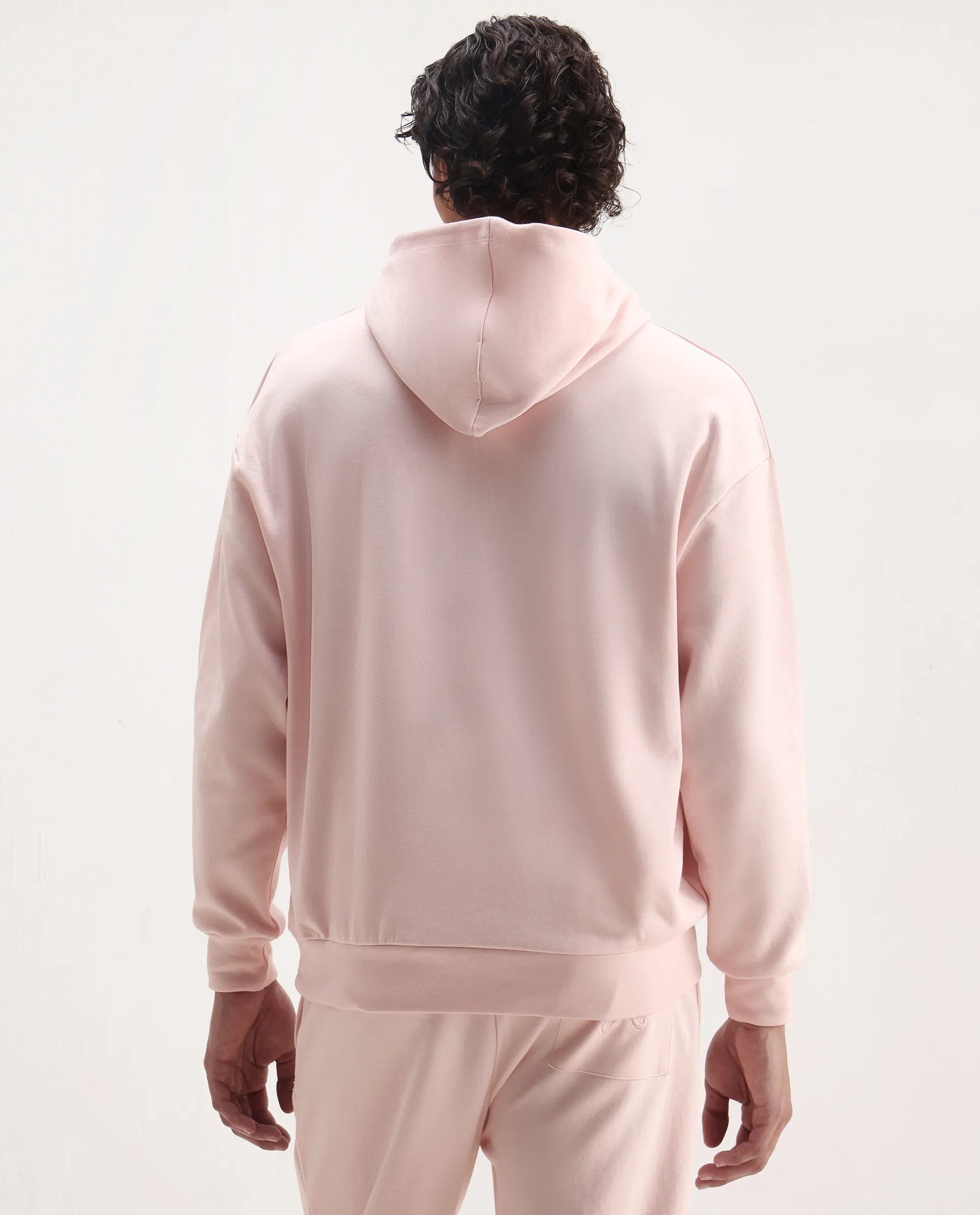 Rare Rabbit Men's Junol Pastel Pink Cotton Blend Embroidered Boxy Fit Full Sleeve Hooded Sweatshirt