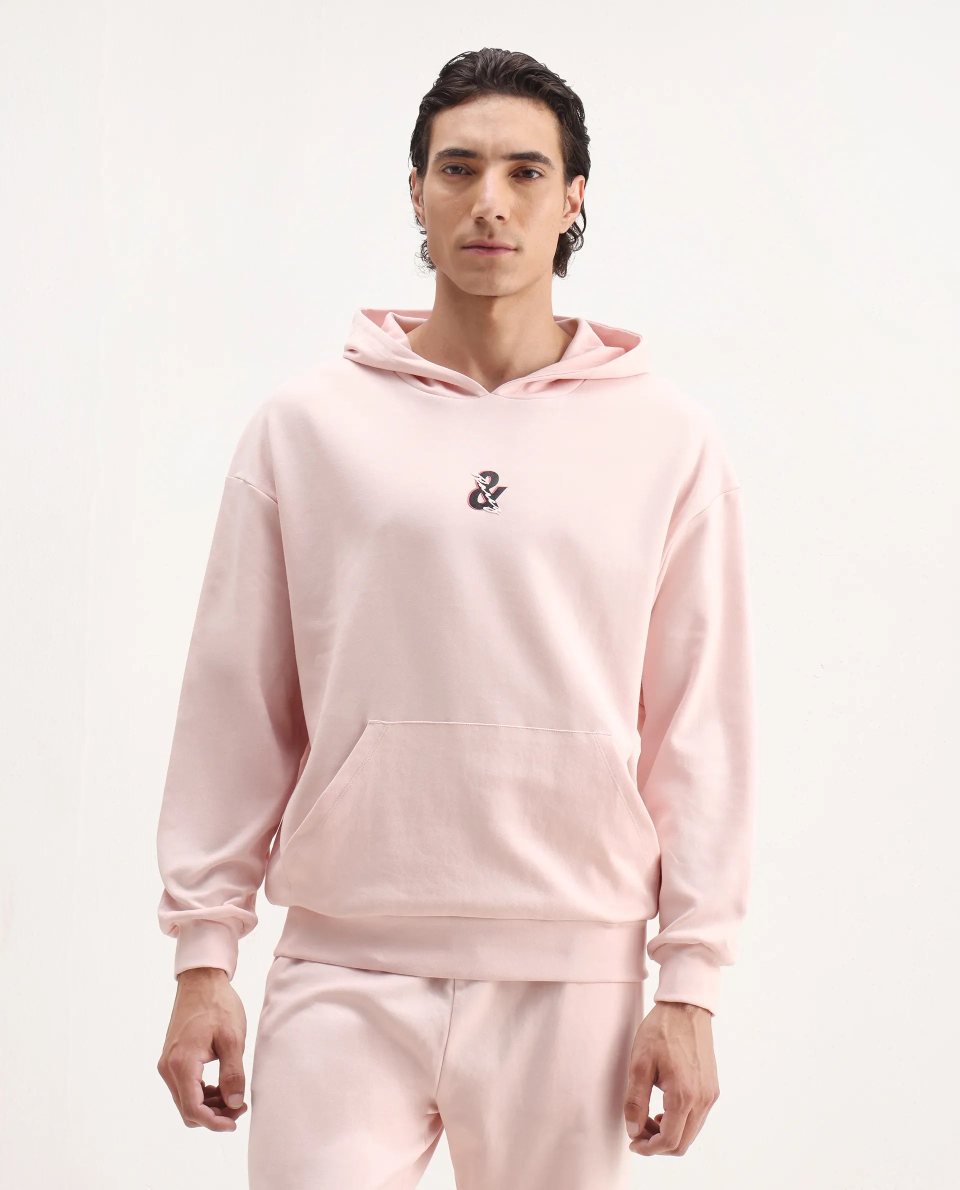 Rare Rabbit Men's Junol Pastel Pink Cotton Blend Embroidered Boxy Fit Full Sleeve Hooded Sweatshirt