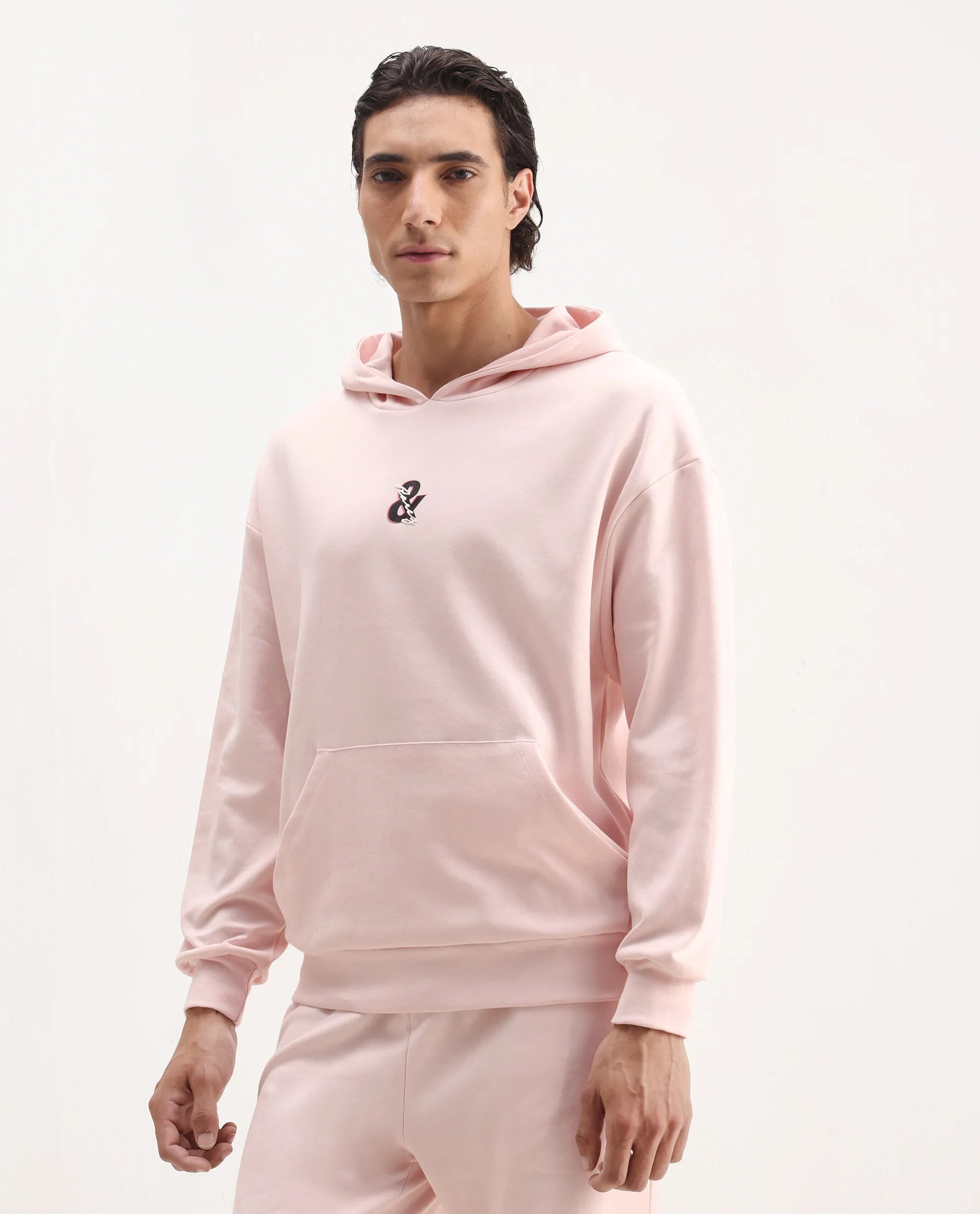 Rare Rabbit Men's Junol Pastel Pink Cotton Blend Embroidered Boxy Fit Full Sleeve Hooded Sweatshirt