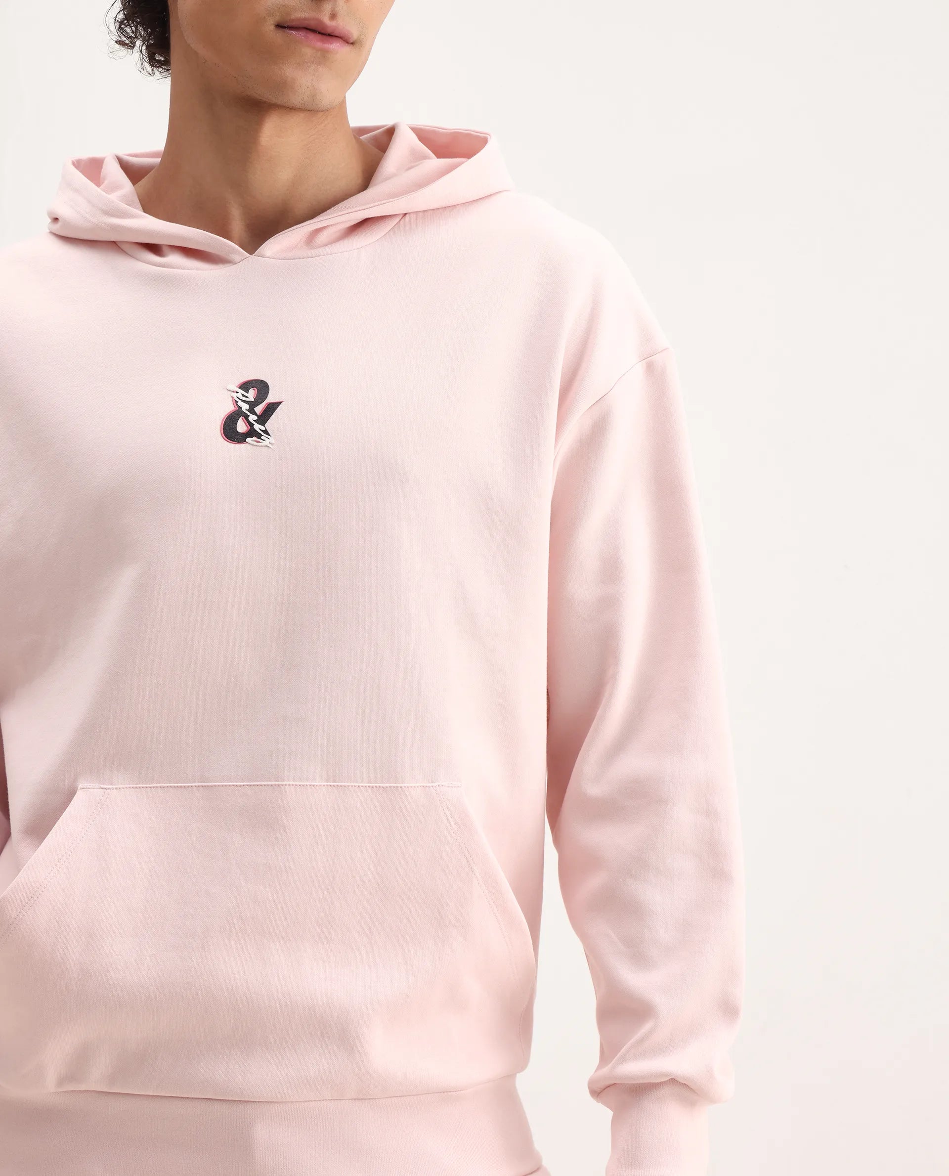 Rare Rabbit Men's Junol Pastel Pink Cotton Blend Embroidered Boxy Fit Full Sleeve Hooded Sweatshirt