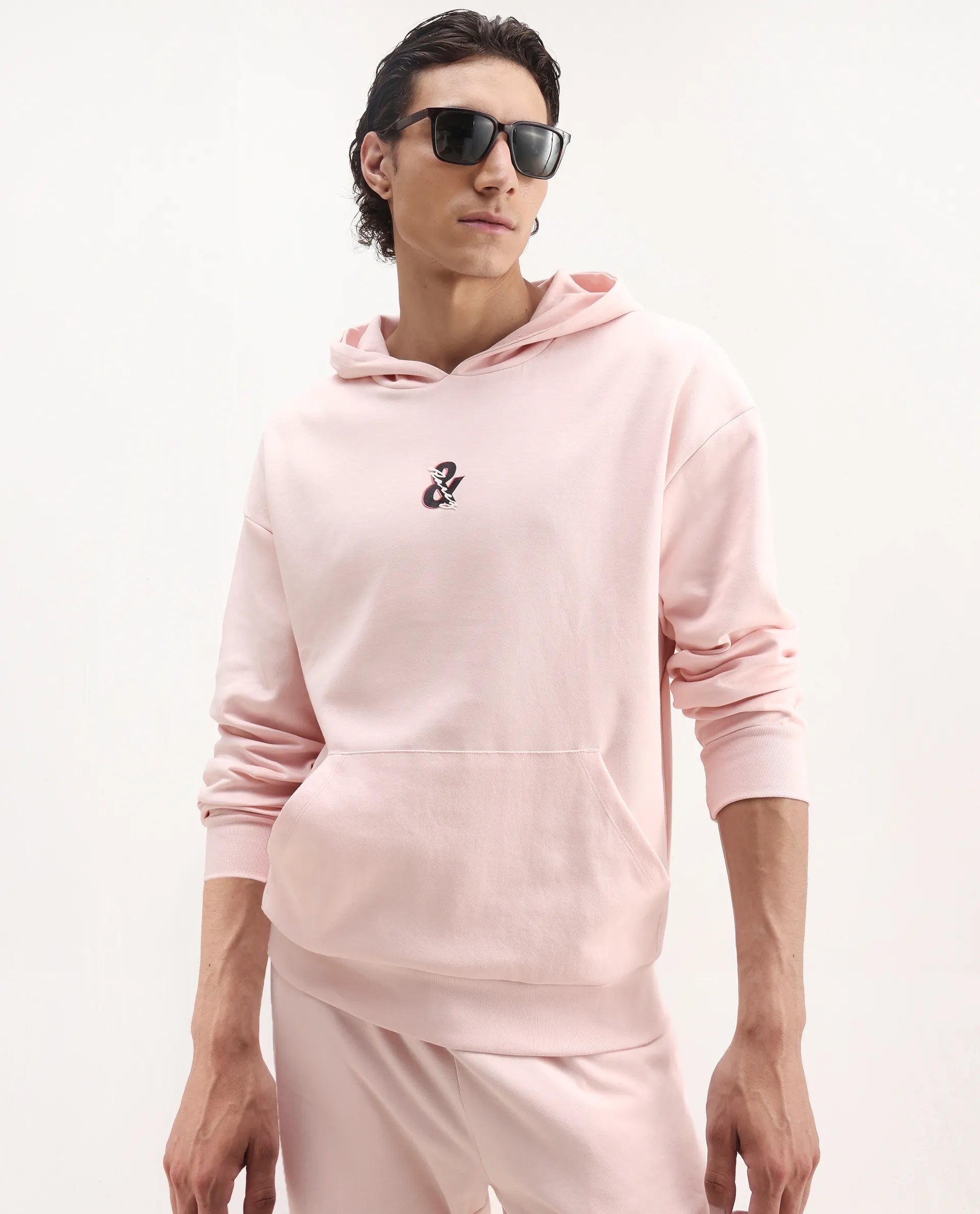 Rare Rabbit Men's Junol Pastel Pink Cotton Blend Embroidered Boxy Fit Full Sleeve Hooded Sweatshirt
