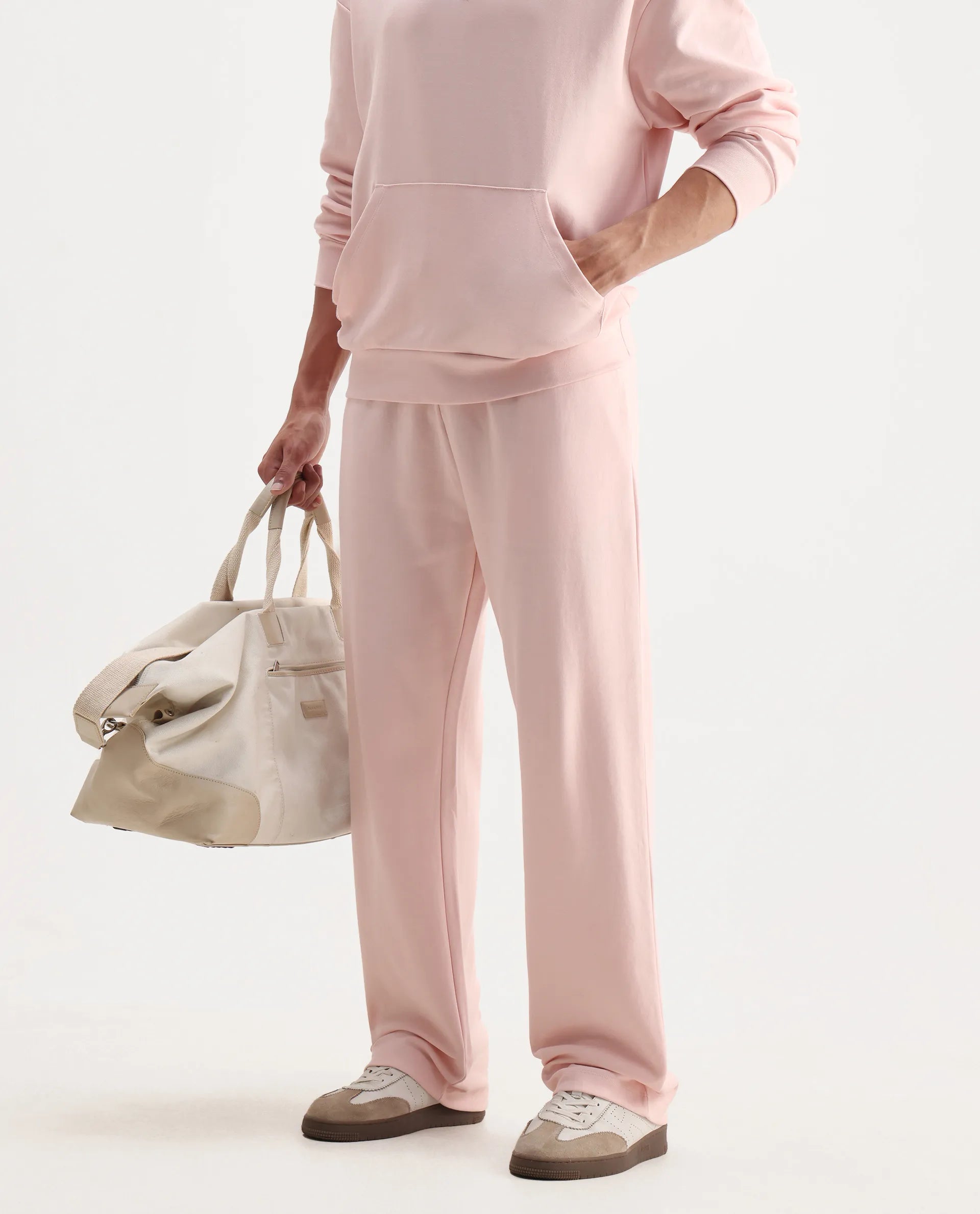 Rare Rabbit Men's Junolt-B Pastel Pink Cotton Blend Embroidered Regular Fit Track Pant