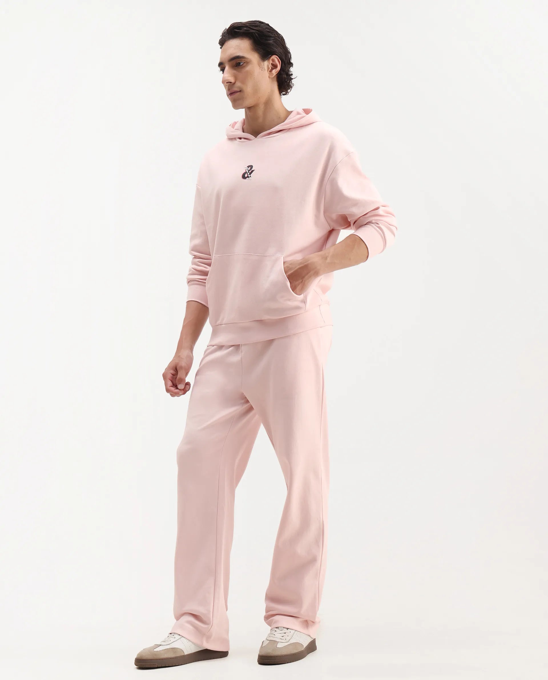 Rare Rabbit Men's Junolt-B Pastel Pink Cotton Blend Embroidered Regular Fit Track Pant