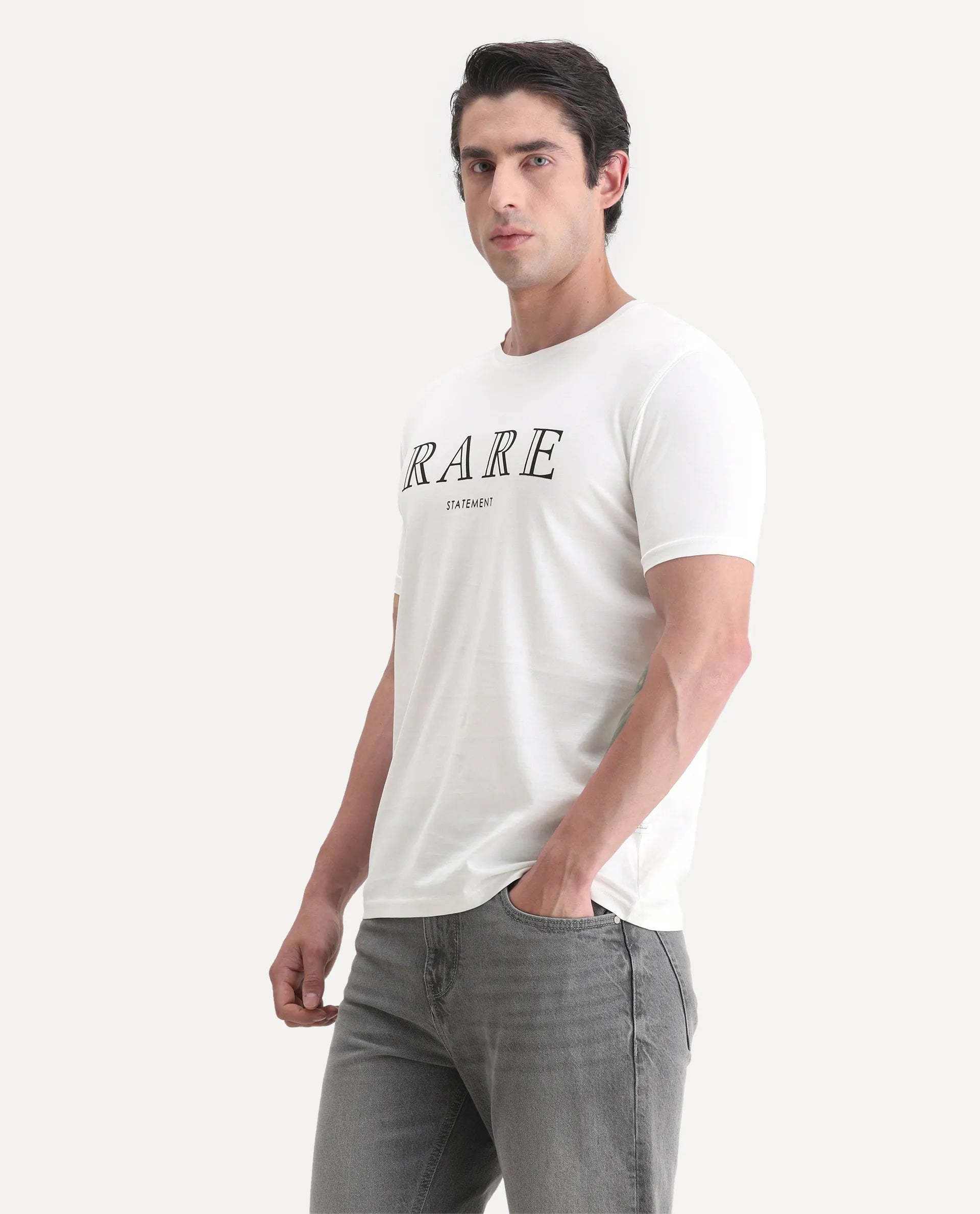 Rare Rabbit Men's Junot White Cotton Graphic Print Regular Fit Half Sleeve Crew Neck T-Shirt