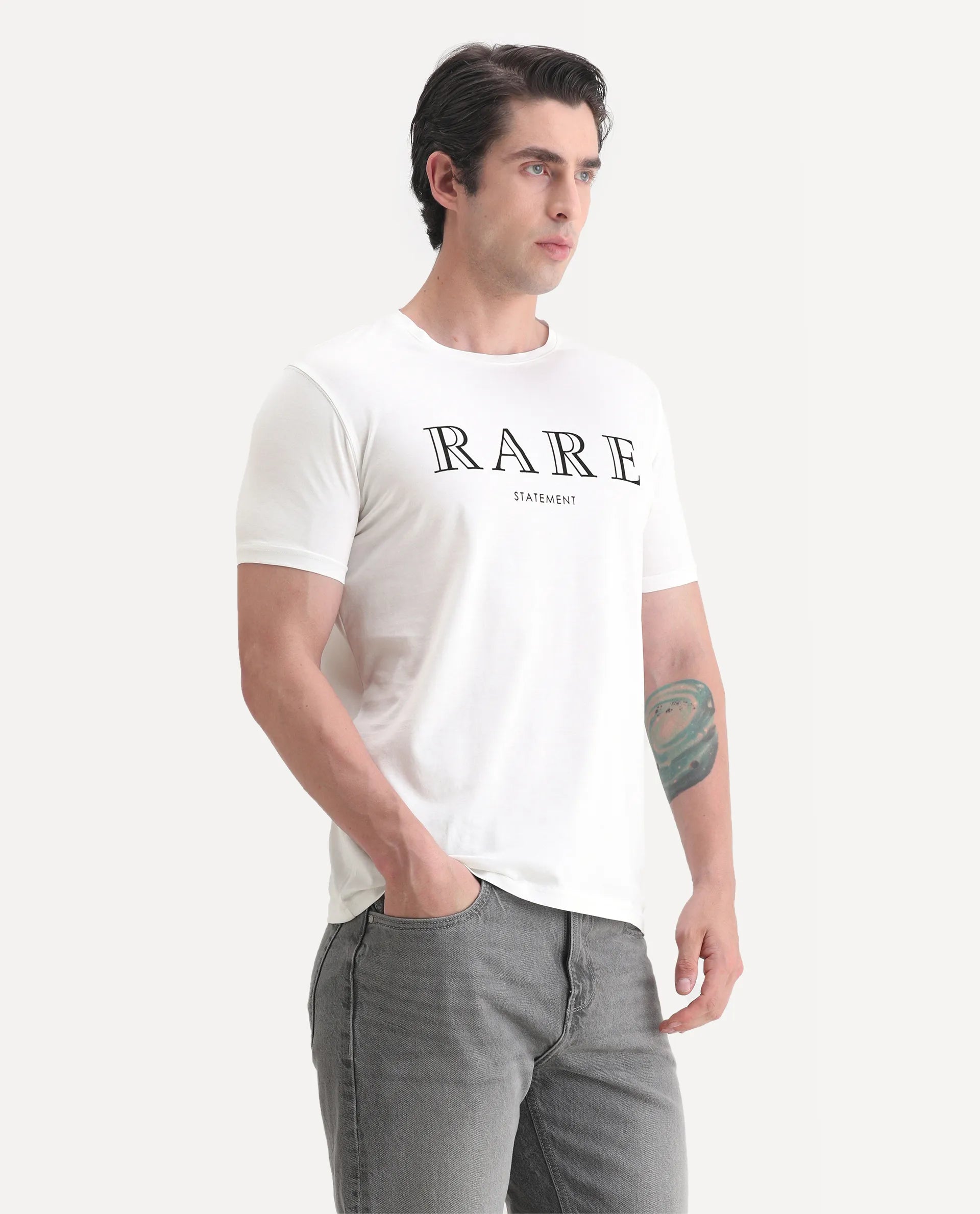 Rare Rabbit Men's Junot White Cotton Graphic Print Regular Fit Half Sleeve Crew Neck T-Shirt