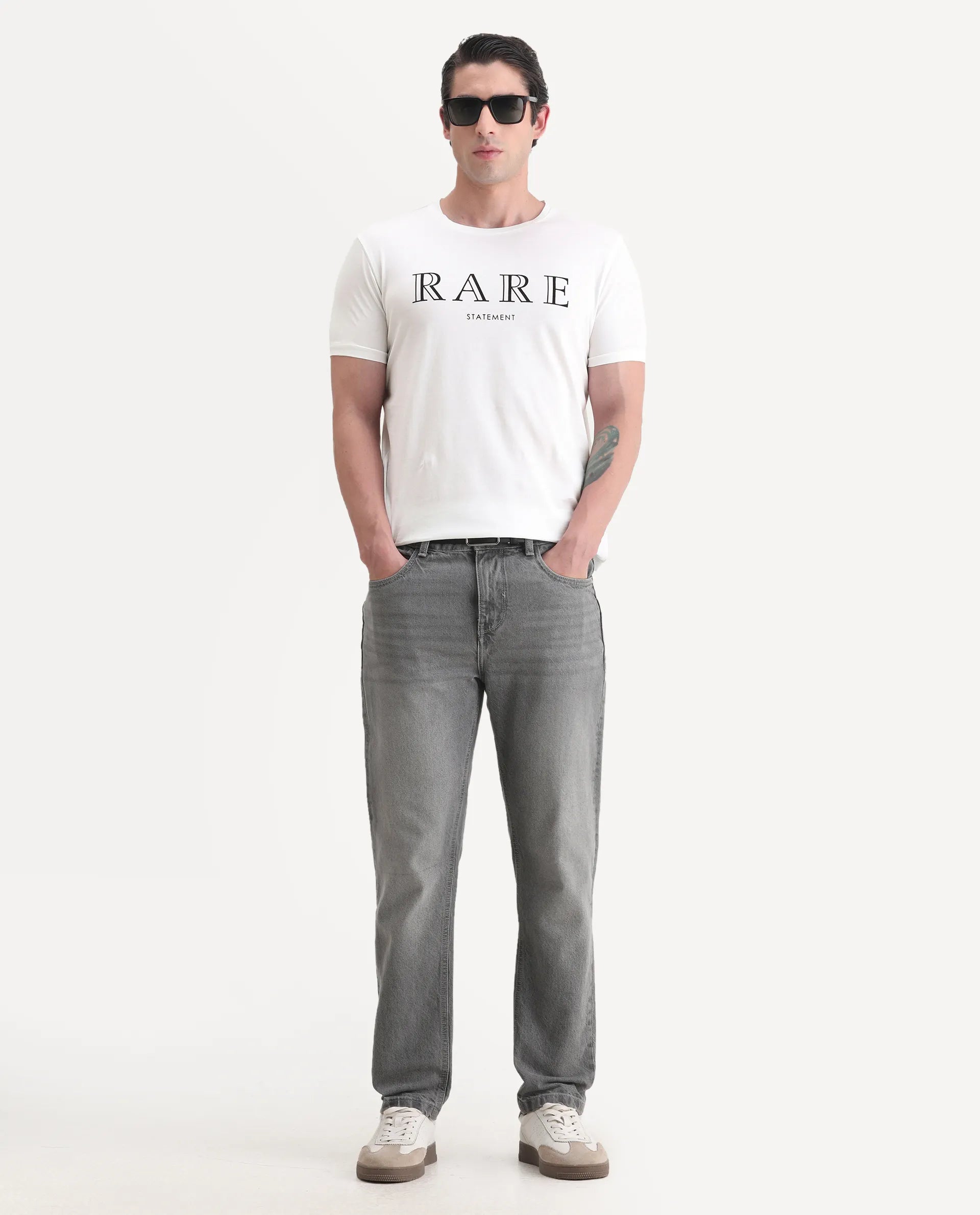 Rare Rabbit Men's Junot White Cotton Graphic Print Regular Fit Half Sleeve Crew Neck T-Shirt