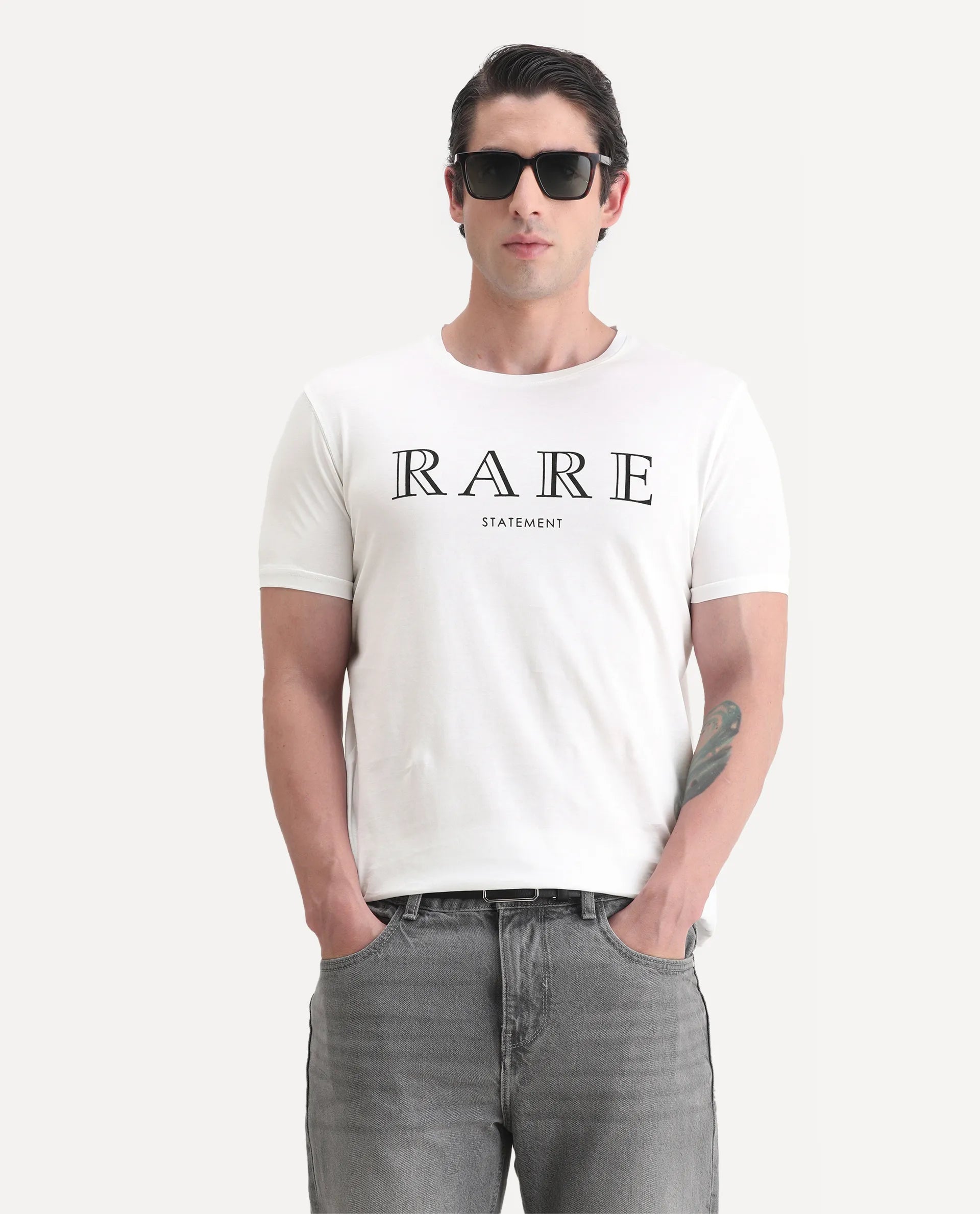 Rare Rabbit Men's Junot White Cotton Graphic Print Regular Fit Half Sleeve Crew Neck T-Shirt