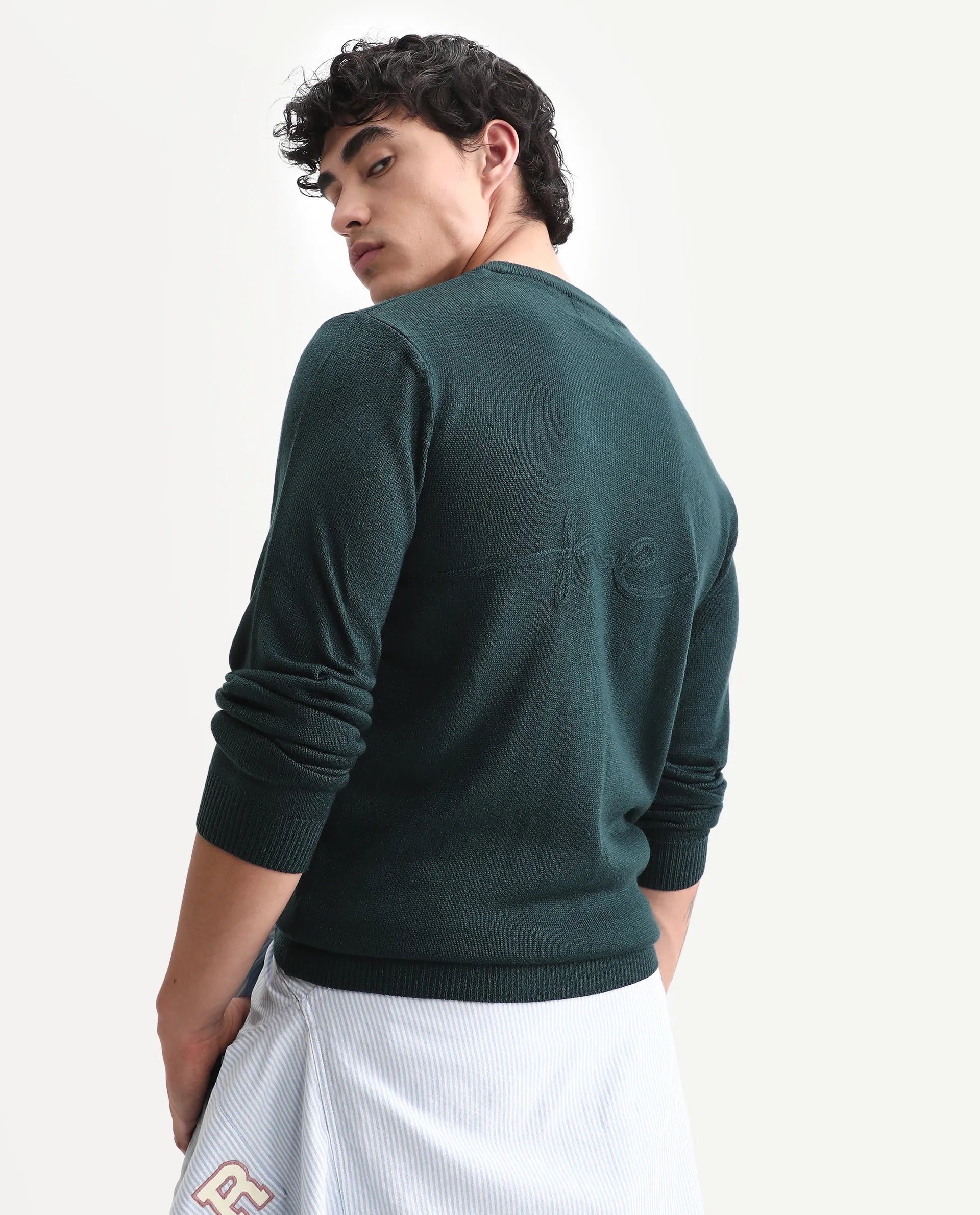 Rare Rabbit Men's Jupiter Teal Acrylic Embroidered Regular Fit Full Sleeve Crew Neck Sweater