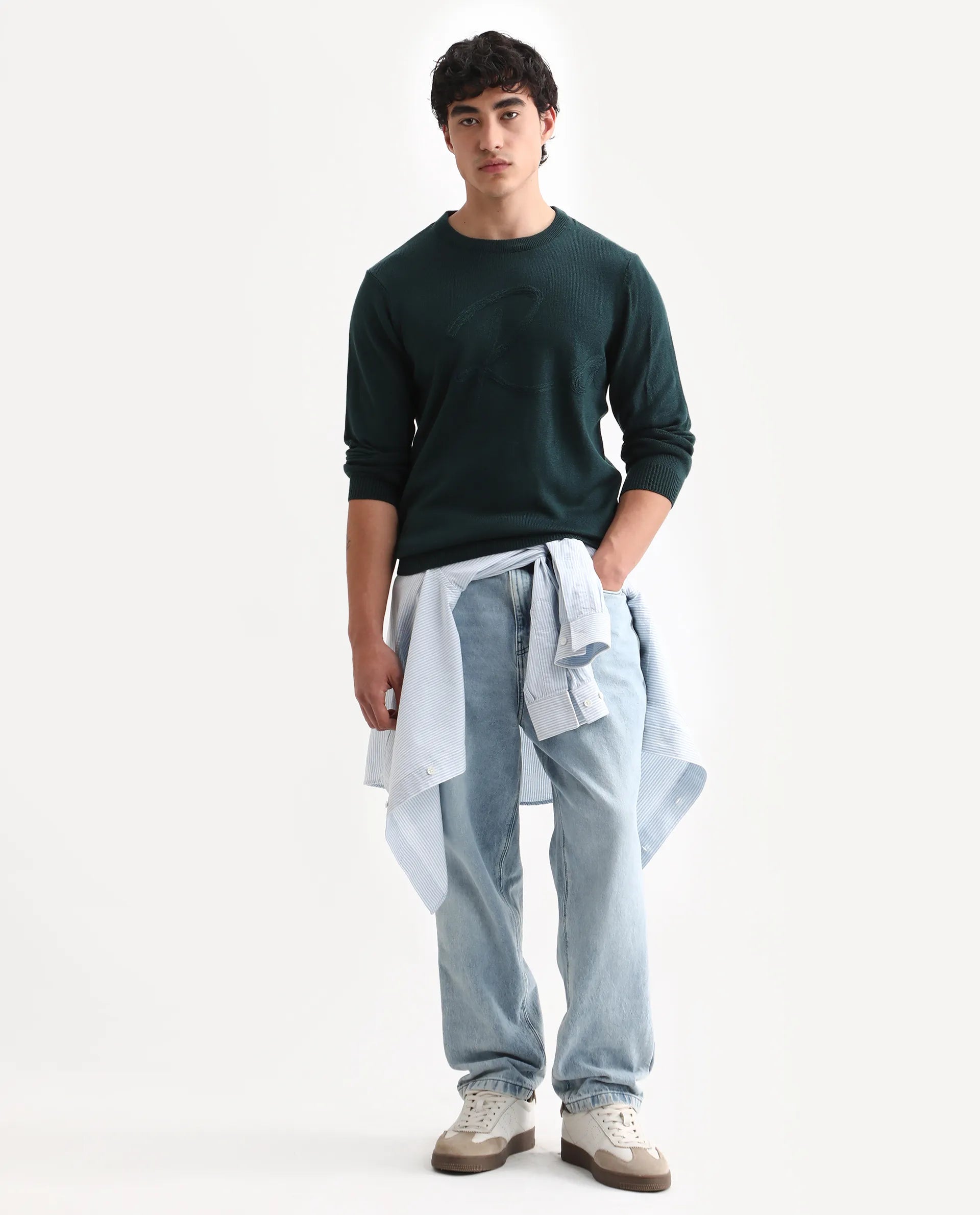 Rare Rabbit Men's Jupiter Teal Acrylic Embroidered Regular Fit Full Sleeve Crew Neck Sweater