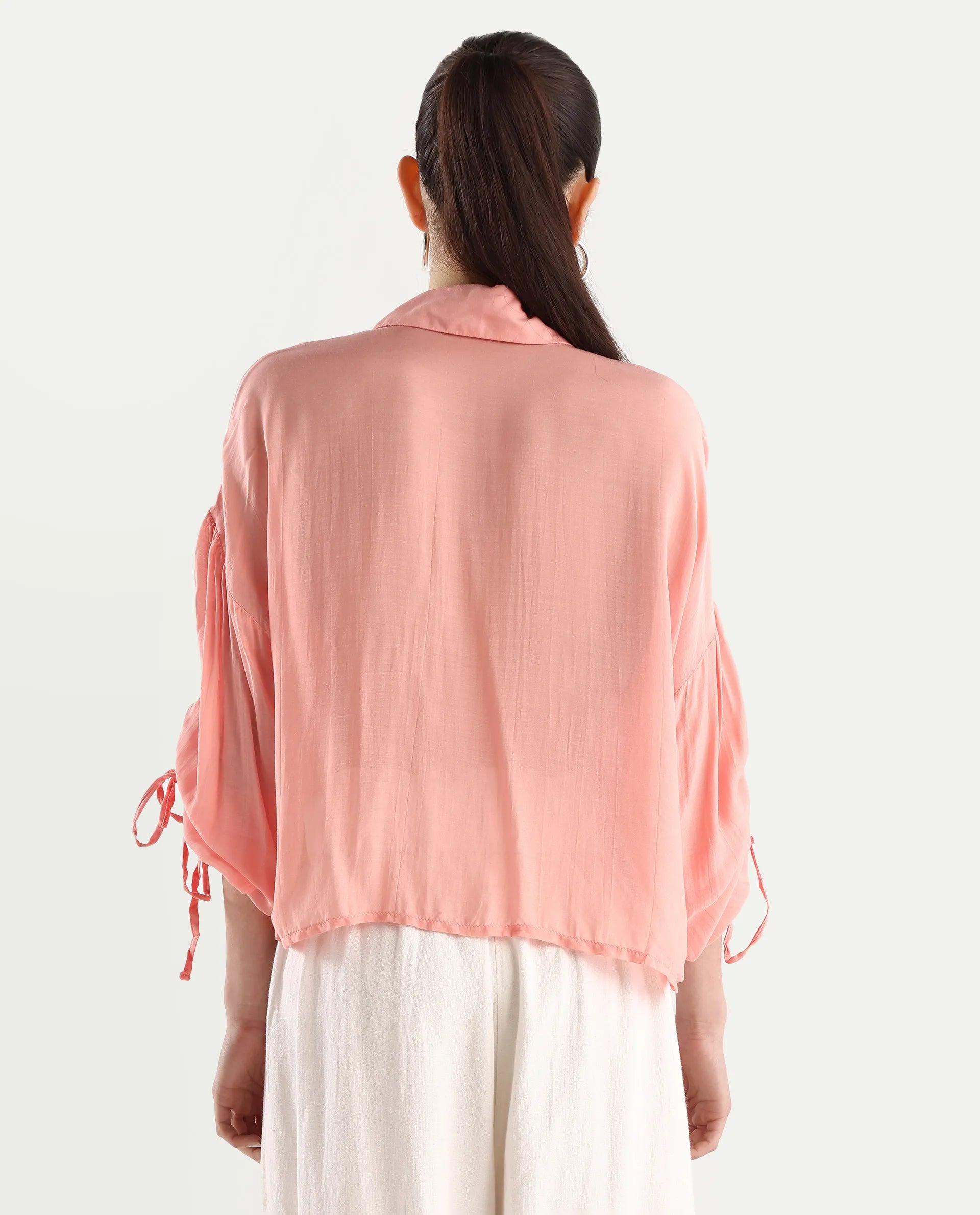 Rareism Women's Jux Pastel Pink Polyester Blend Drop Collar Plain Cuffed Sleeve Regular Fit Top