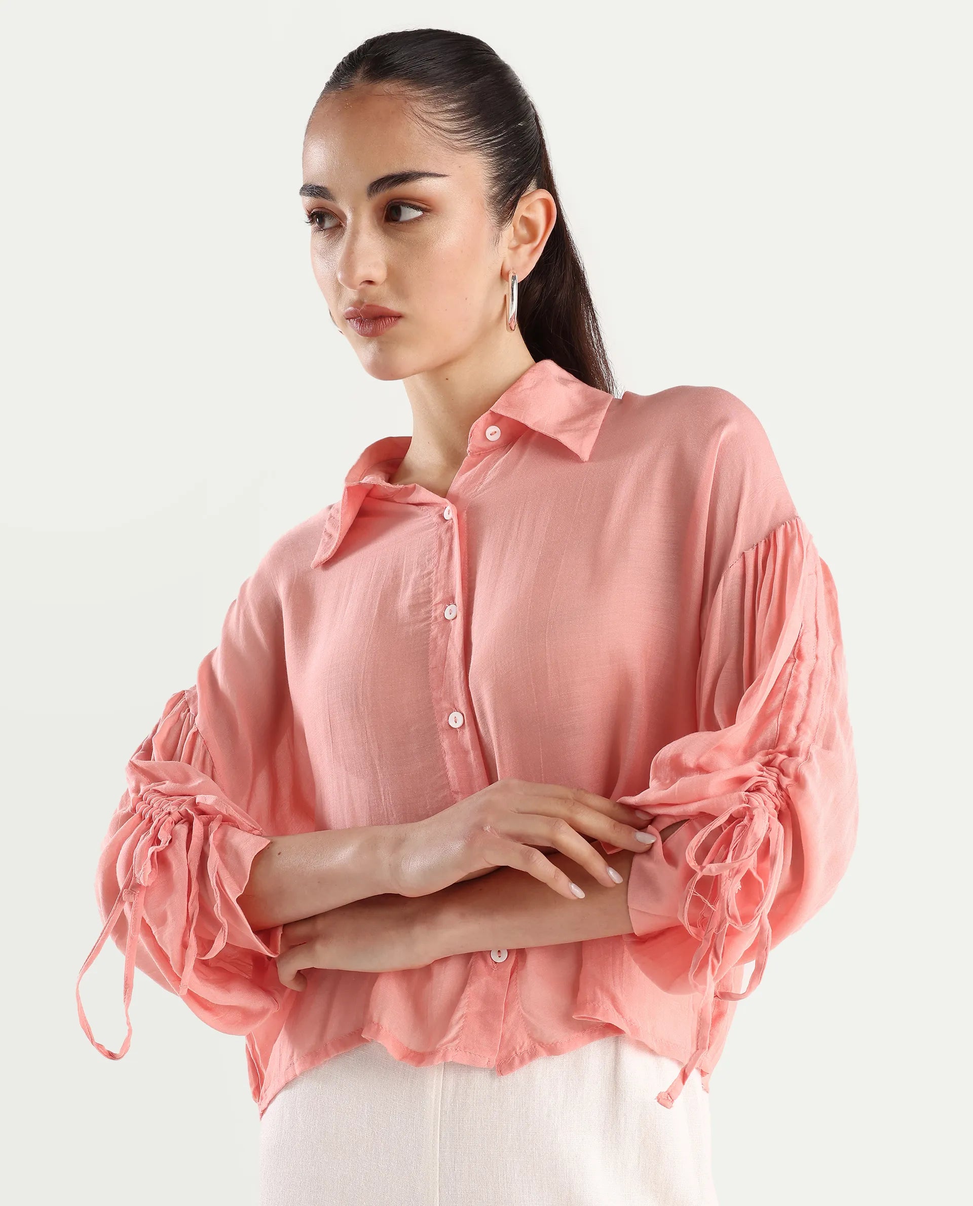Rareism Women's Jux Pastel Pink Polyester Blend Drop Collar Plain Cuffed Sleeve Regular Fit Top