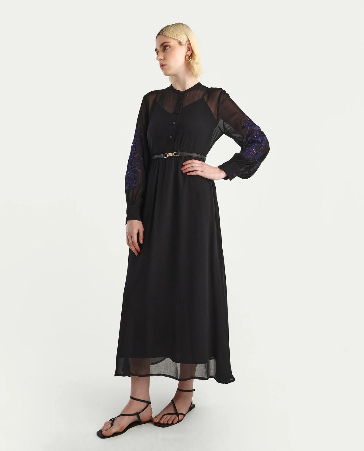 Rareism Women's Jux Black Viscose Full Sleeve Spread Collar Fit And Flare Dress