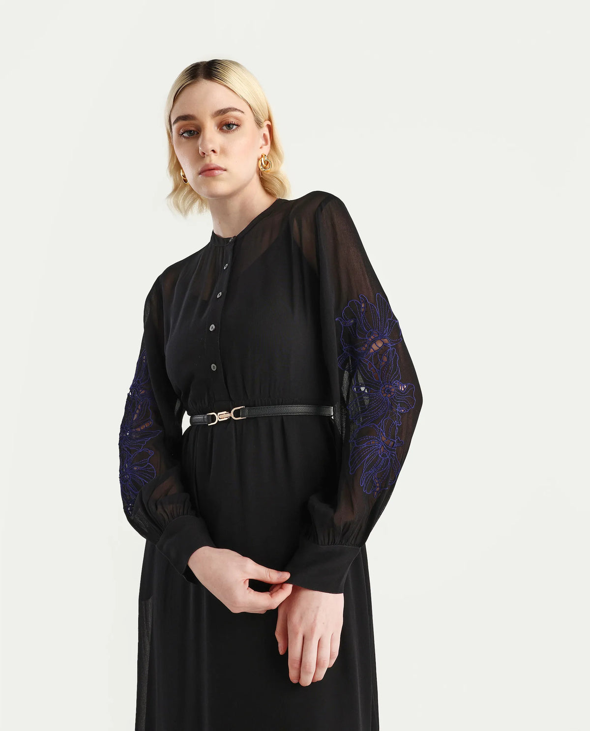 Rareism Women's Jux Black Viscose Full Sleeve Spread Collar Fit And Flare Dress