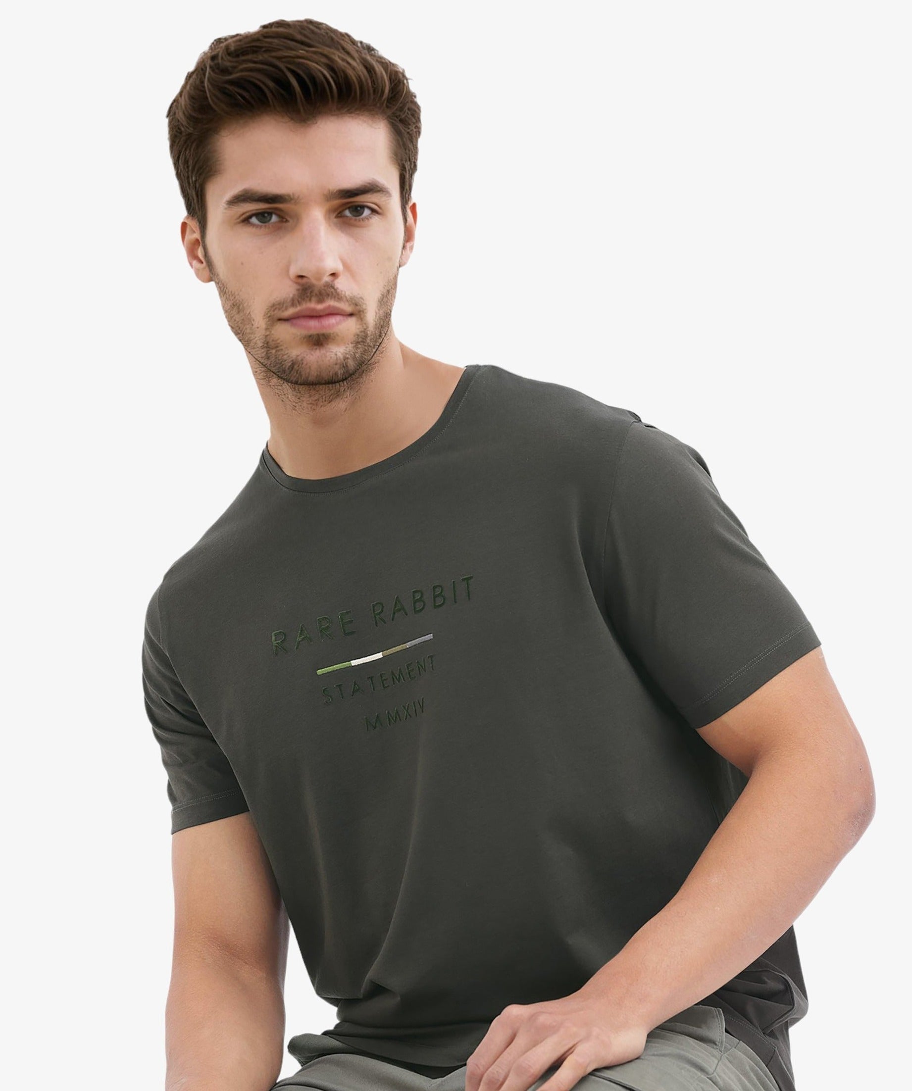 Rare Rabbit Men's Kael Olive Cotton Lycra Half Sleeves Graphic Print T-Shirt