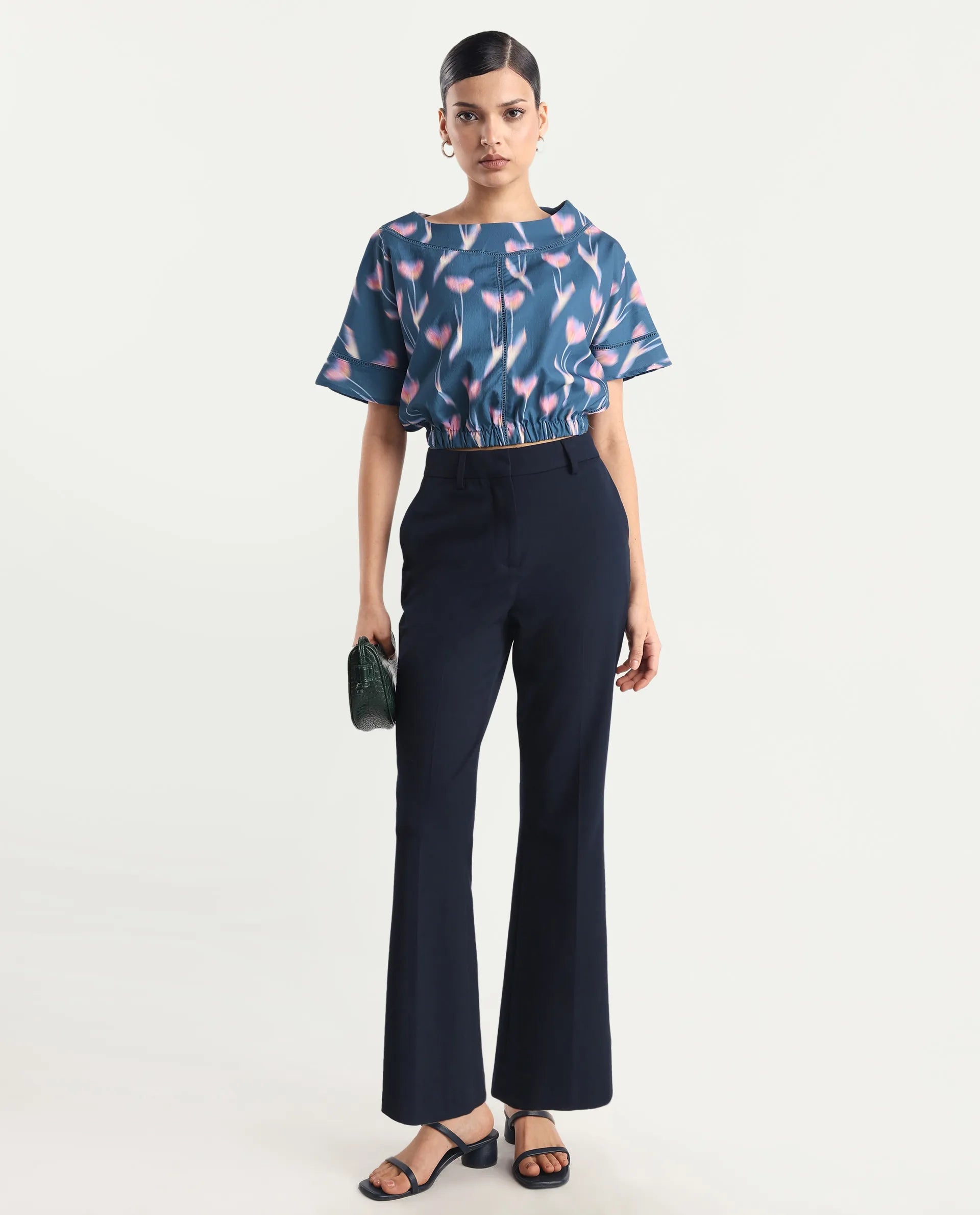 Rareism Women's Kahlani Dark Grey Polyester Blend Boat Neck Abstract Print Extended Sleeves Regular Fit Top