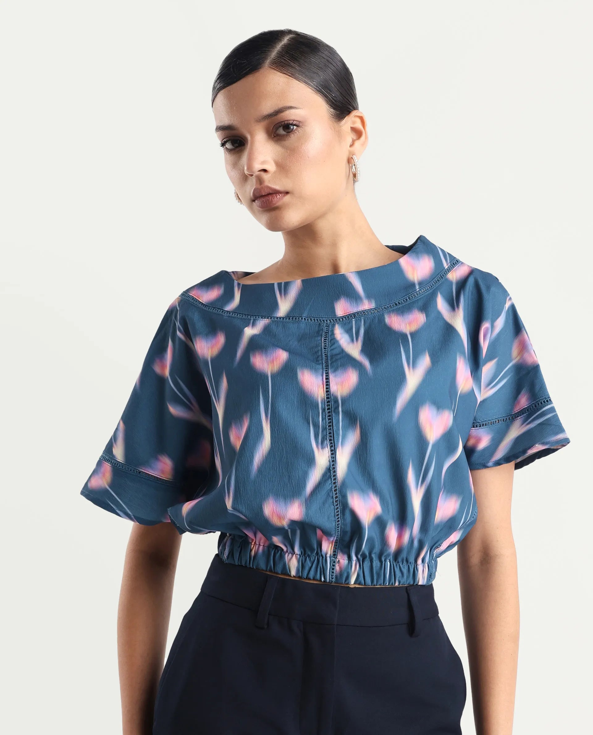 Rareism Women's Kahlani Dark Grey Polyester Blend Boat Neck Abstract Print Extended Sleeves Regular Fit Top