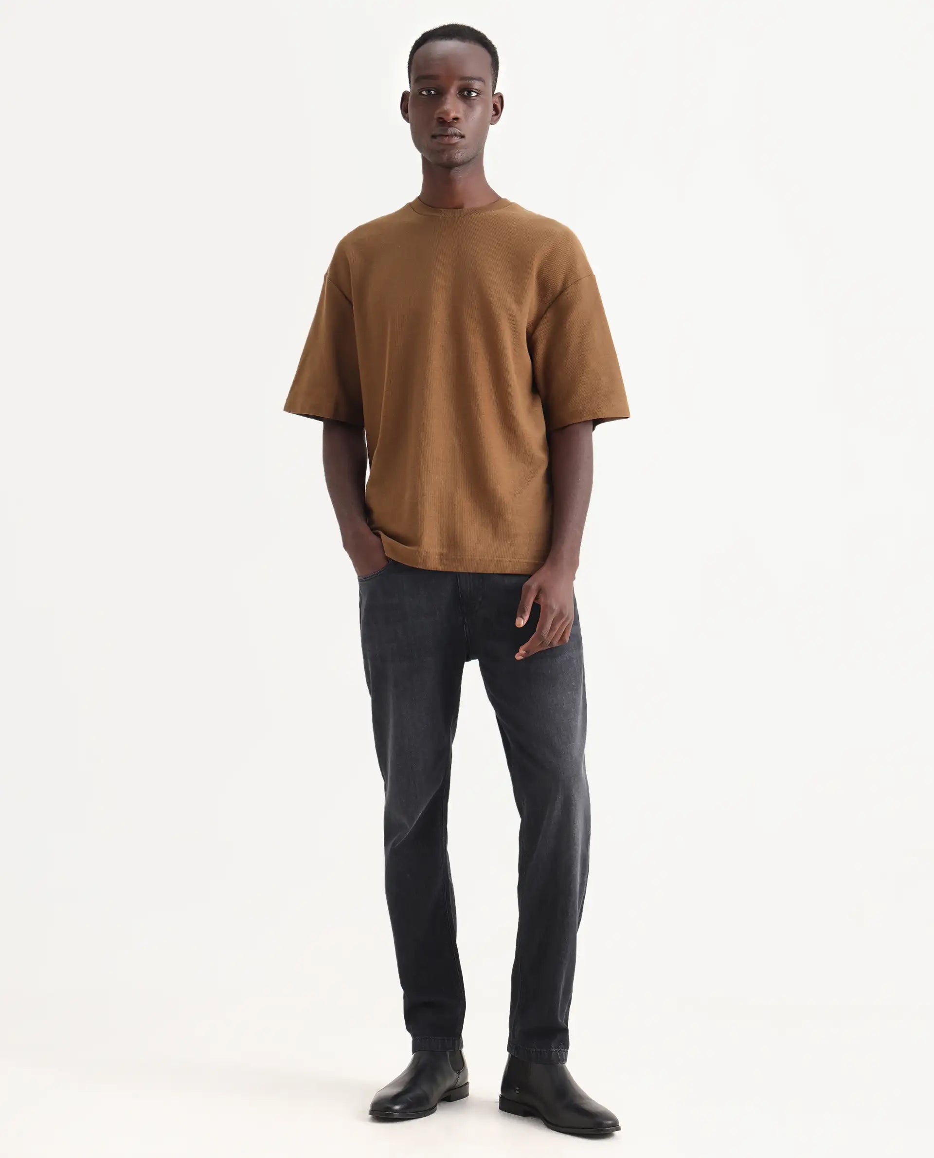 Rare Rabbit Men's Kairo-1 Black Cotton Plain Kurt Carrot Fit Jeans