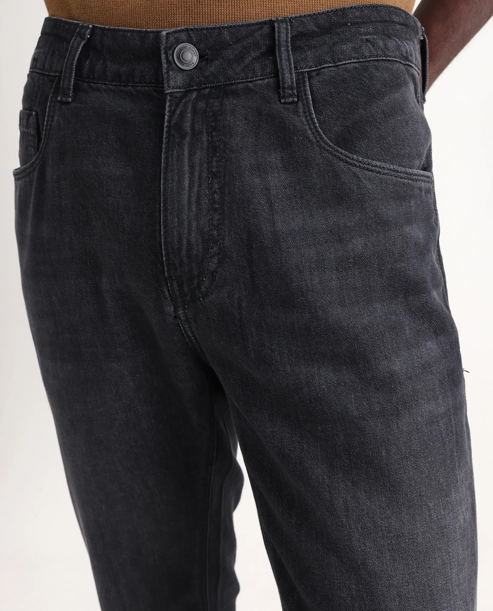 Rare Rabbit Men's Kairo-1 Black Cotton Plain Kurt Carrot Fit Jeans