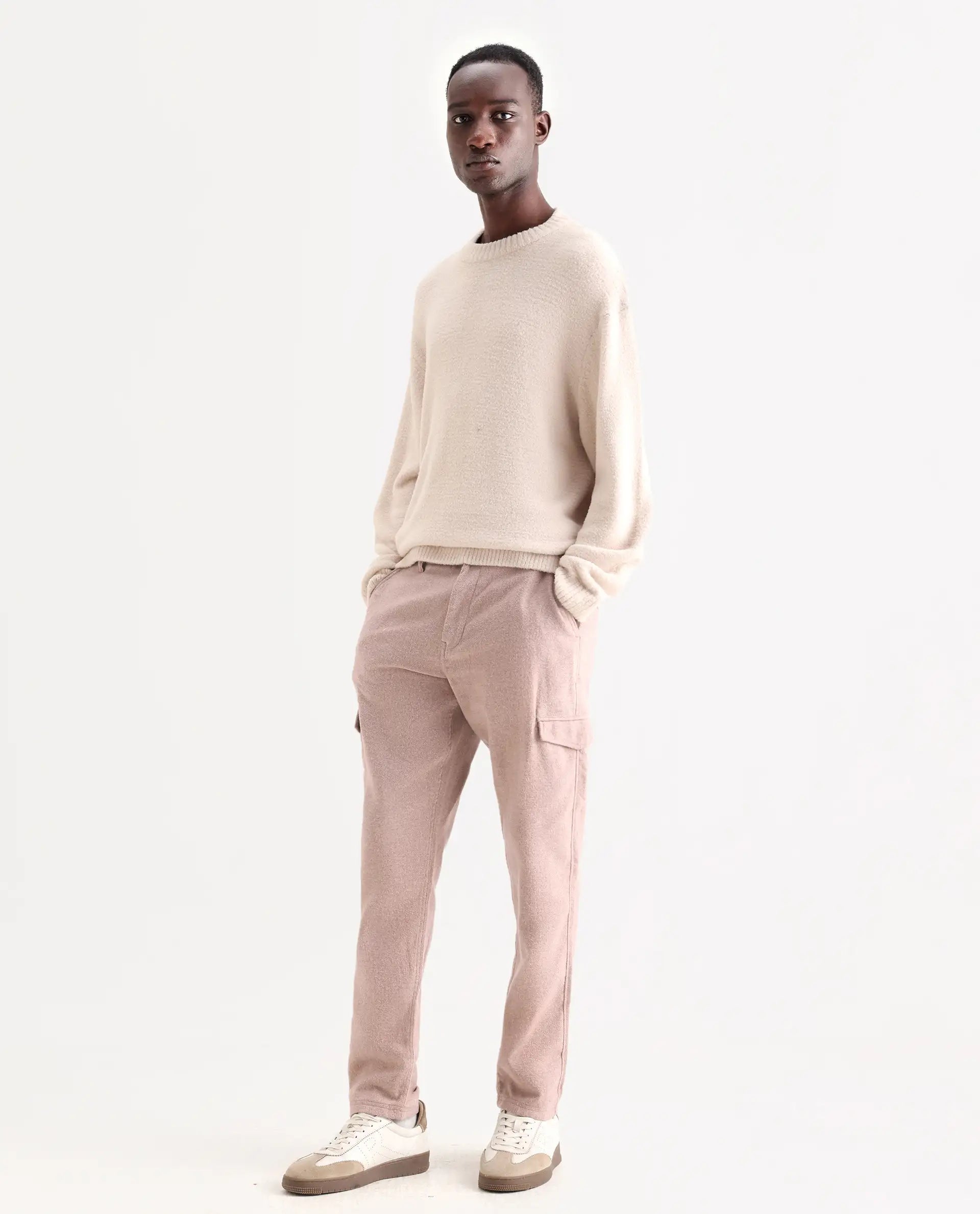 Rare Rabbit Men's Kalor Peach Cotton Blend Plain Regular Fit Trouser