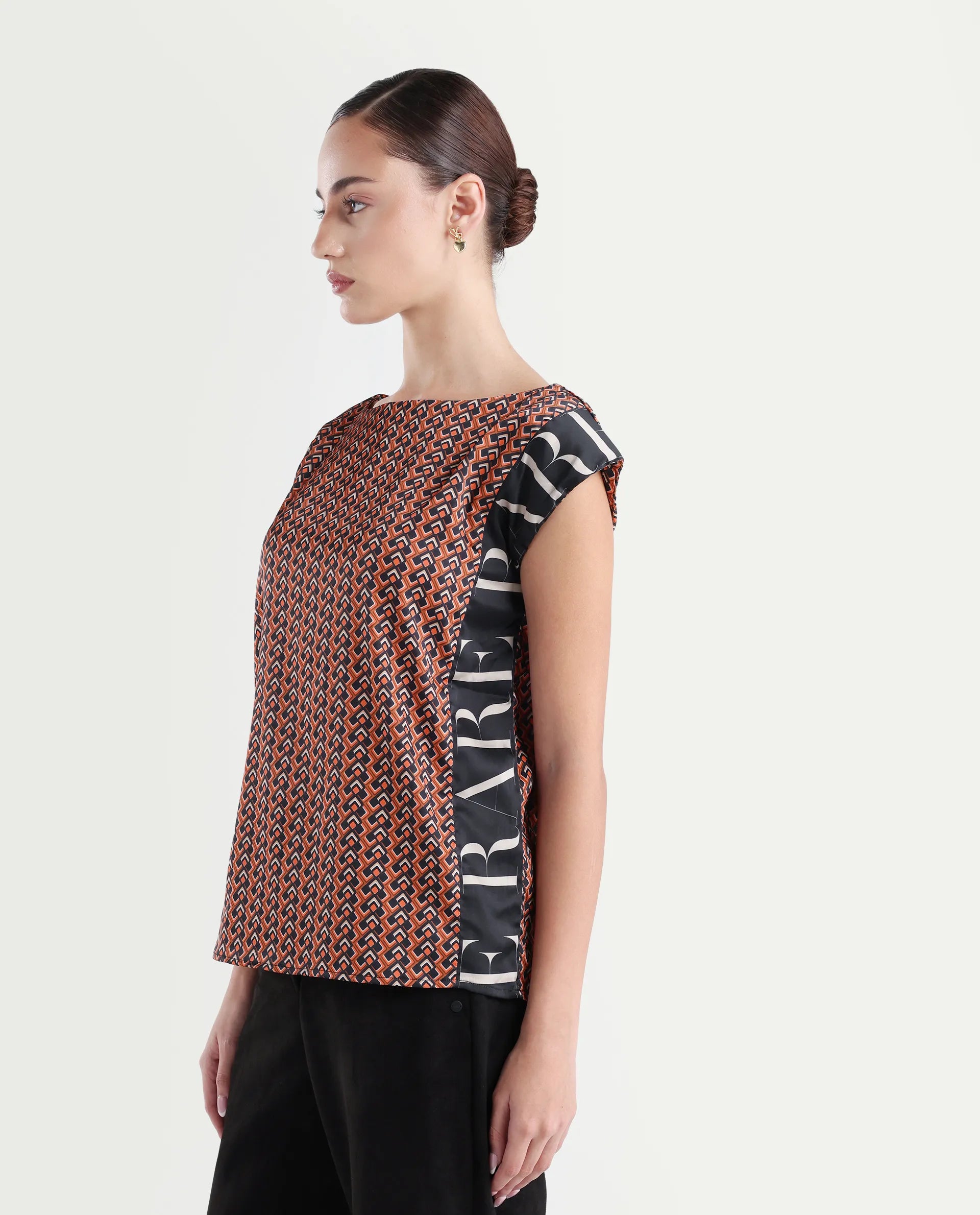 Rareism Women's Kanad Orange Polyester Boat Neck Geometric Print Extended Sleeves Relaxed Fit Top