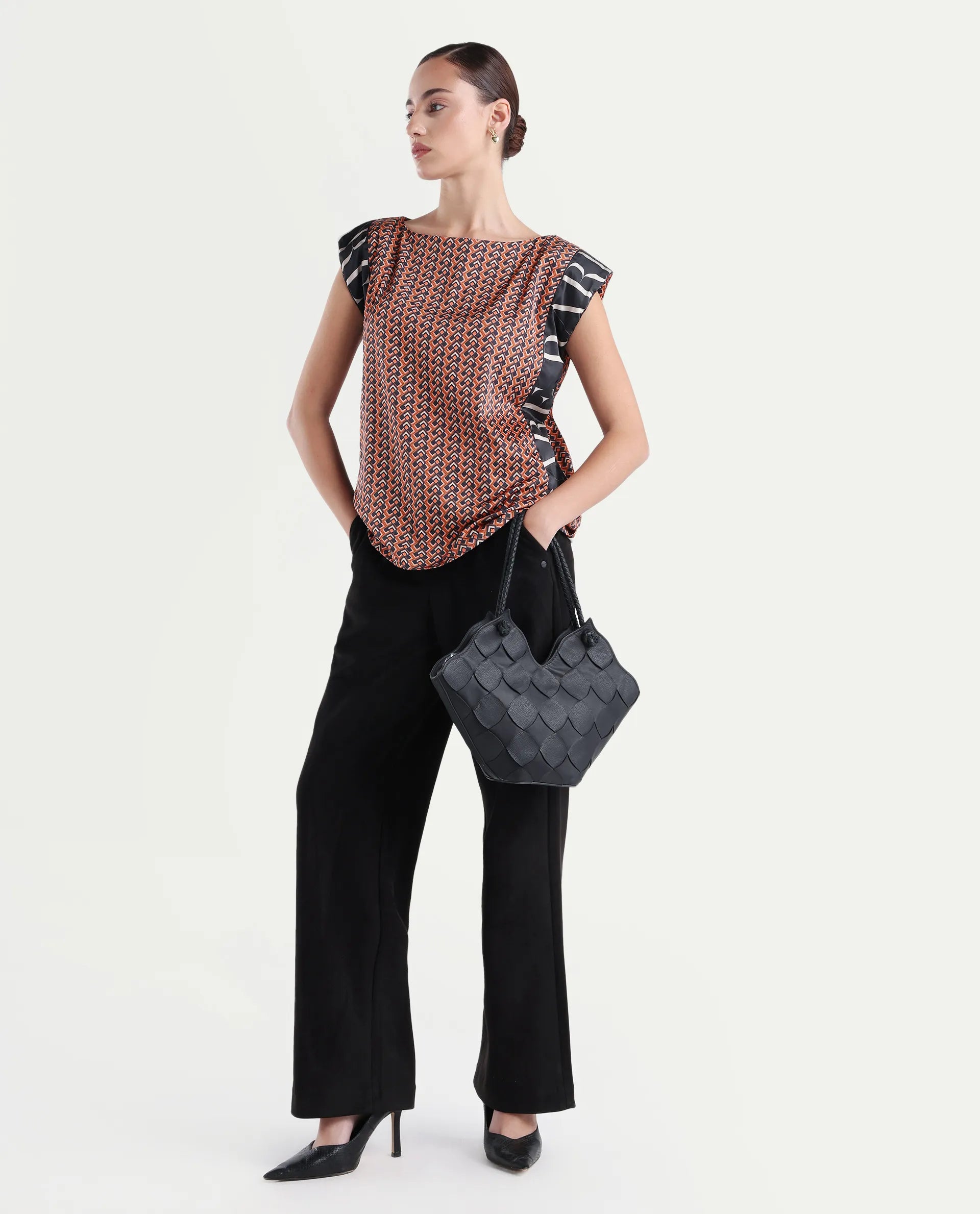 Rareism Women's Kanad Orange Polyester Boat Neck Geometric Print Extended Sleeves Relaxed Fit Top