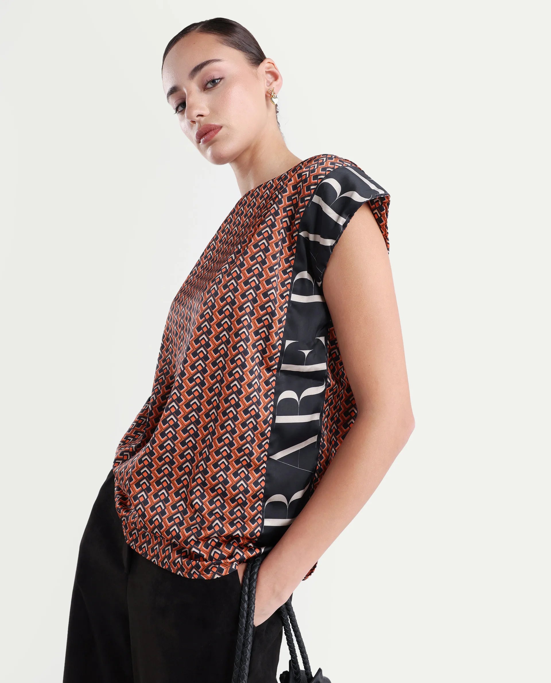 Rareism Women's Kanad Orange Polyester Boat Neck Geometric Print Extended Sleeves Relaxed Fit Top