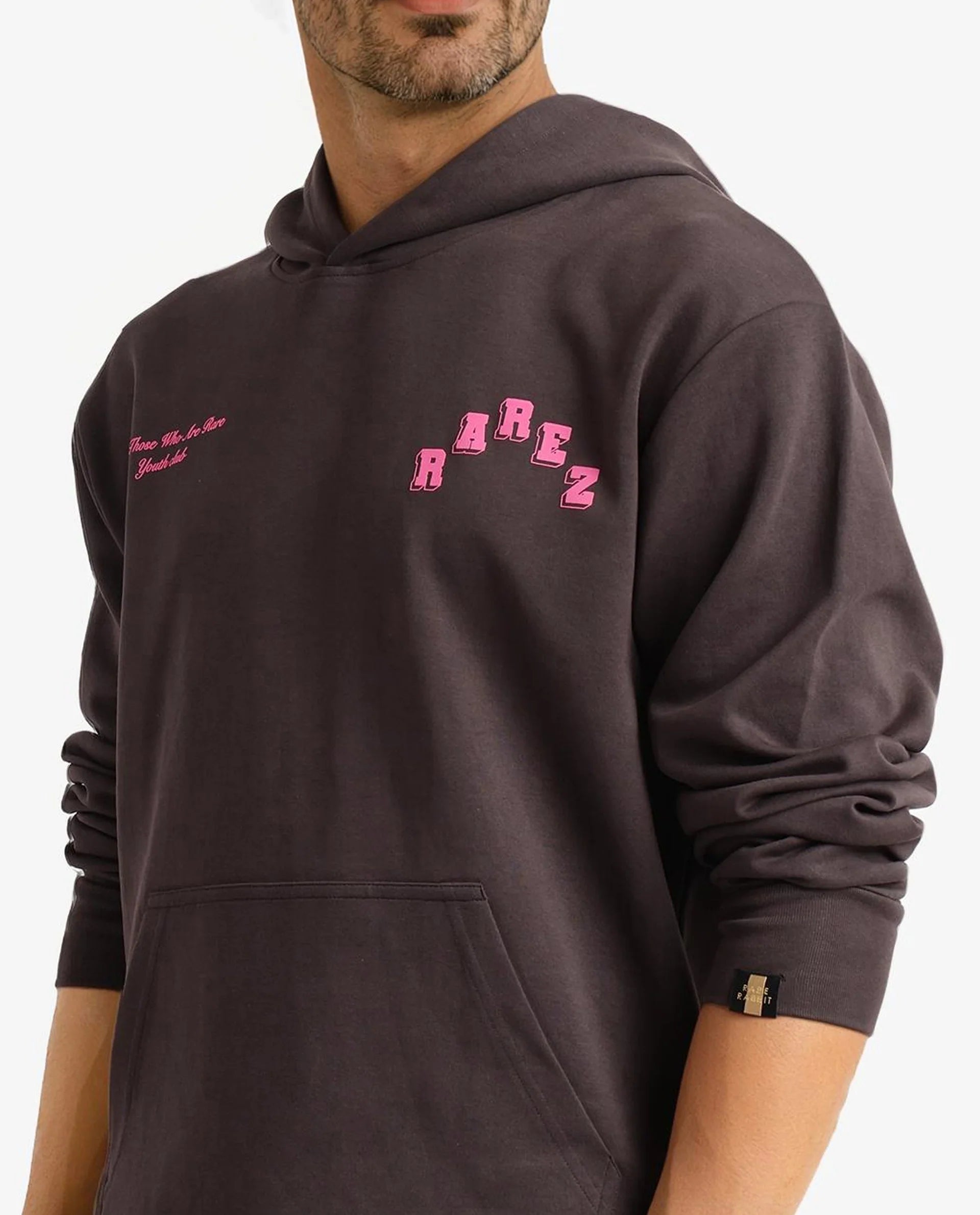 Rare Rabbit Men Kany-1 Dark Grey Cotton Fabric Full Sleeve Towel Embroidered Hooded Sweatshirt