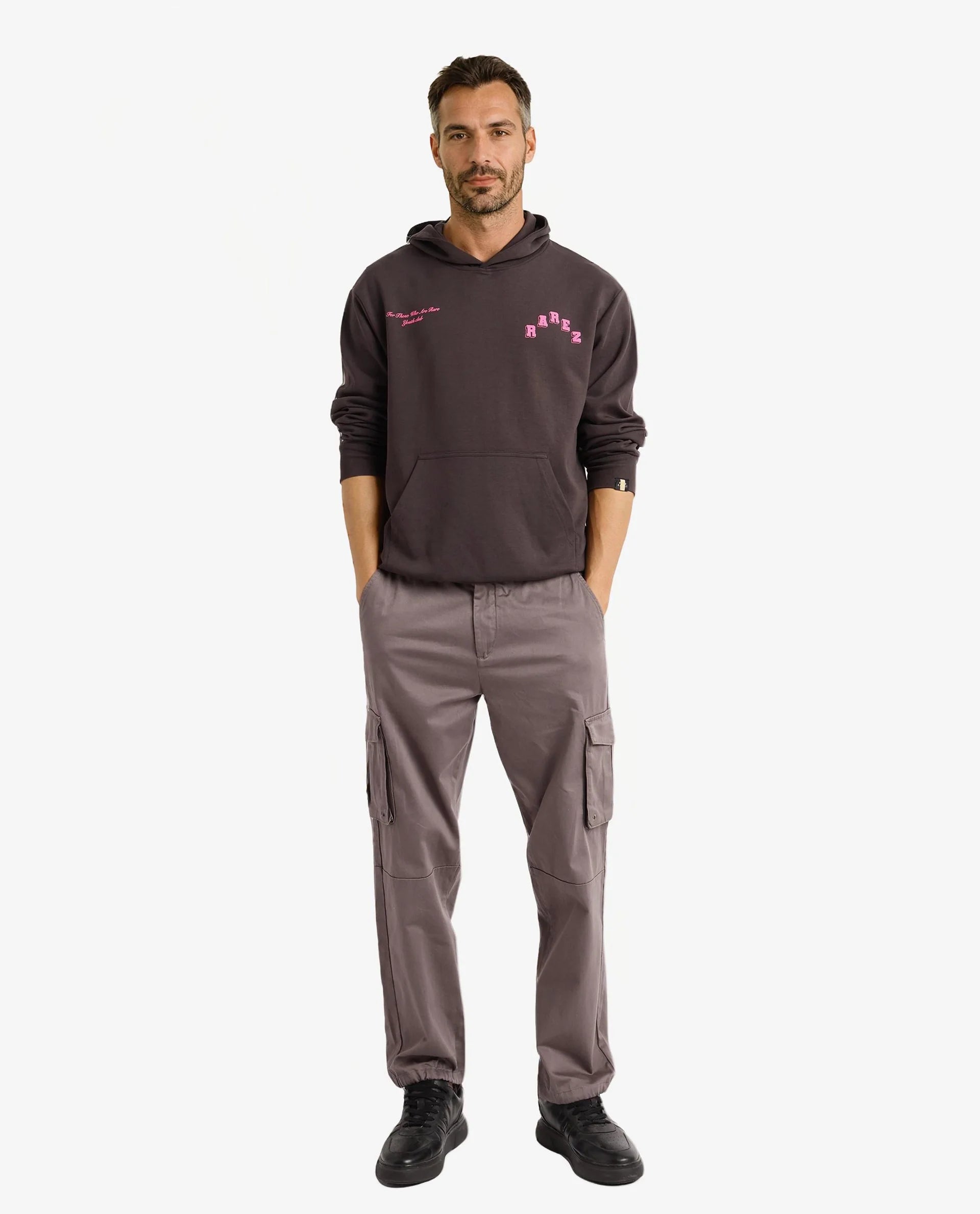 Rare Rabbit Men Kany-1 Dark Grey Cotton Fabric Full Sleeve Towel Embroidered Hooded Sweatshirt