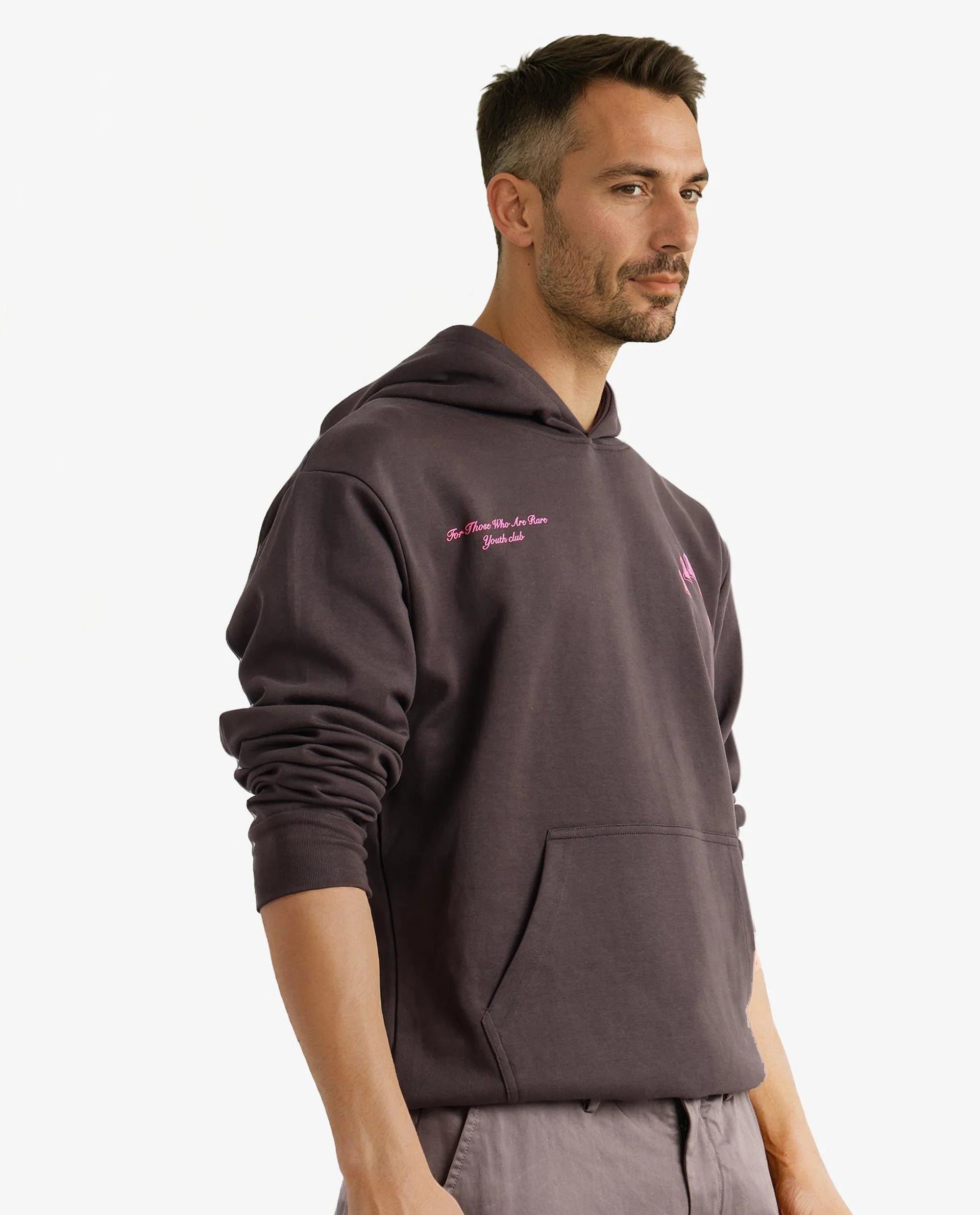 Rare Rabbit Men Kany-1 Dark Grey Cotton Fabric Full Sleeve Towel Embroidered Hooded Sweatshirt