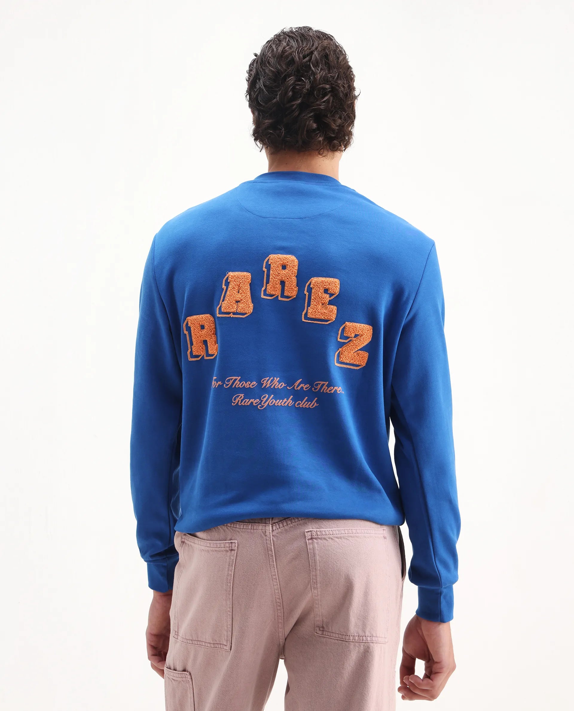 Rare Rabbit Men's Kany-2 Blue Cotton Embroidered Regular Fit Full Sleeve Crew Neck Sweatshirt