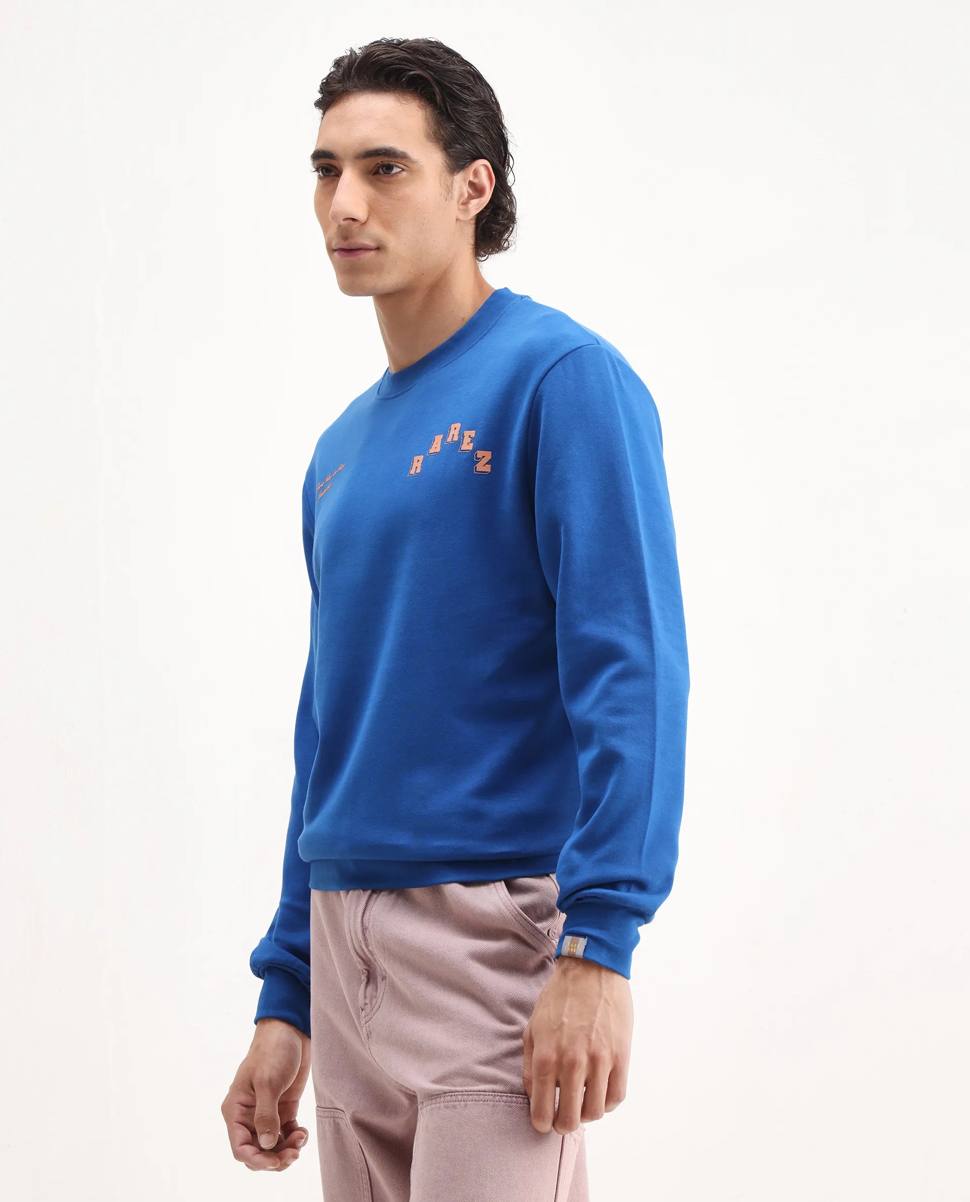 Rare Rabbit Men's Kany-2 Blue Cotton Embroidered Regular Fit Full Sleeve Crew Neck Sweatshirt