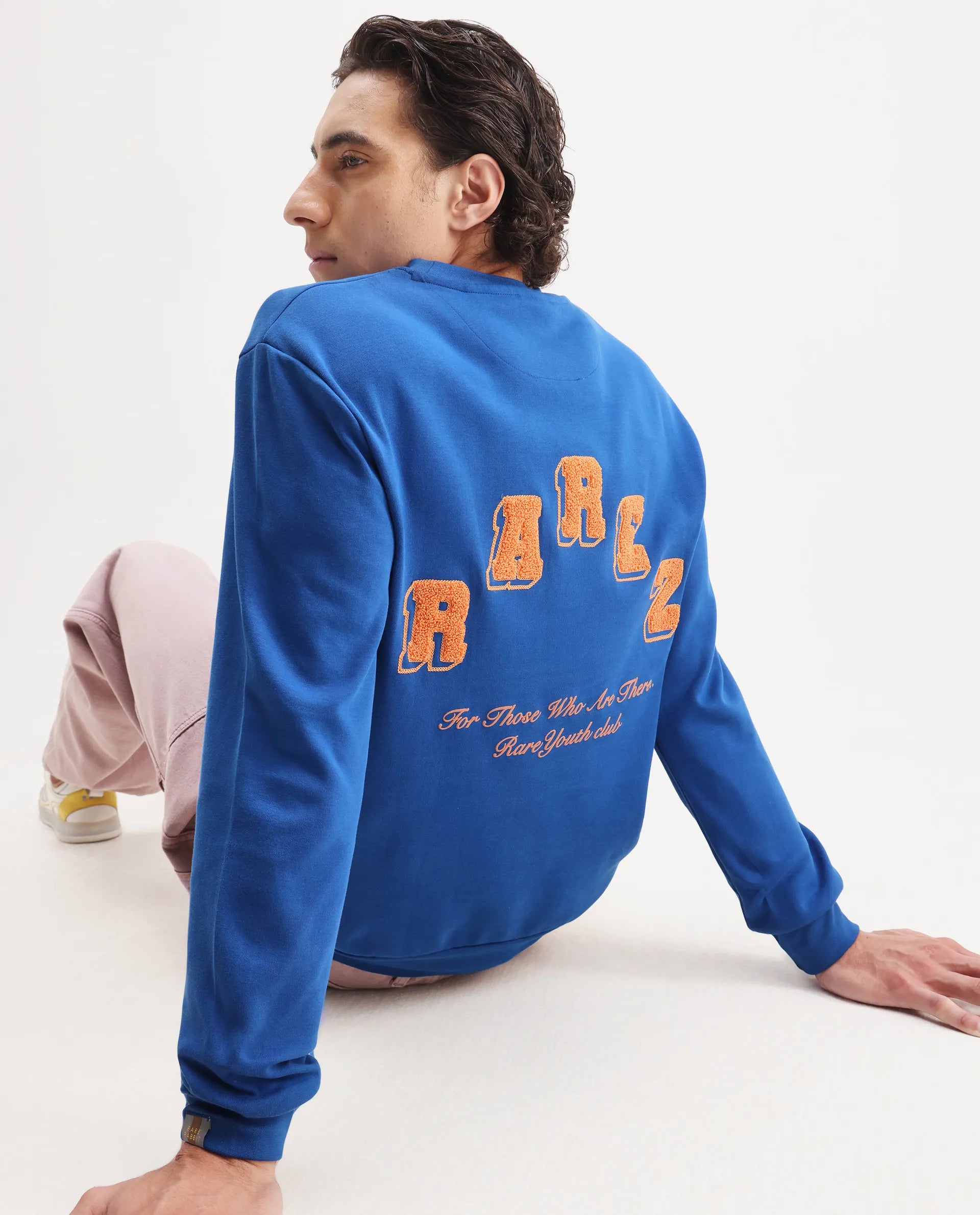 Rare Rabbit Men's Kany-2 Blue Cotton Embroidered Regular Fit Full Sleeve Crew Neck Sweatshirt