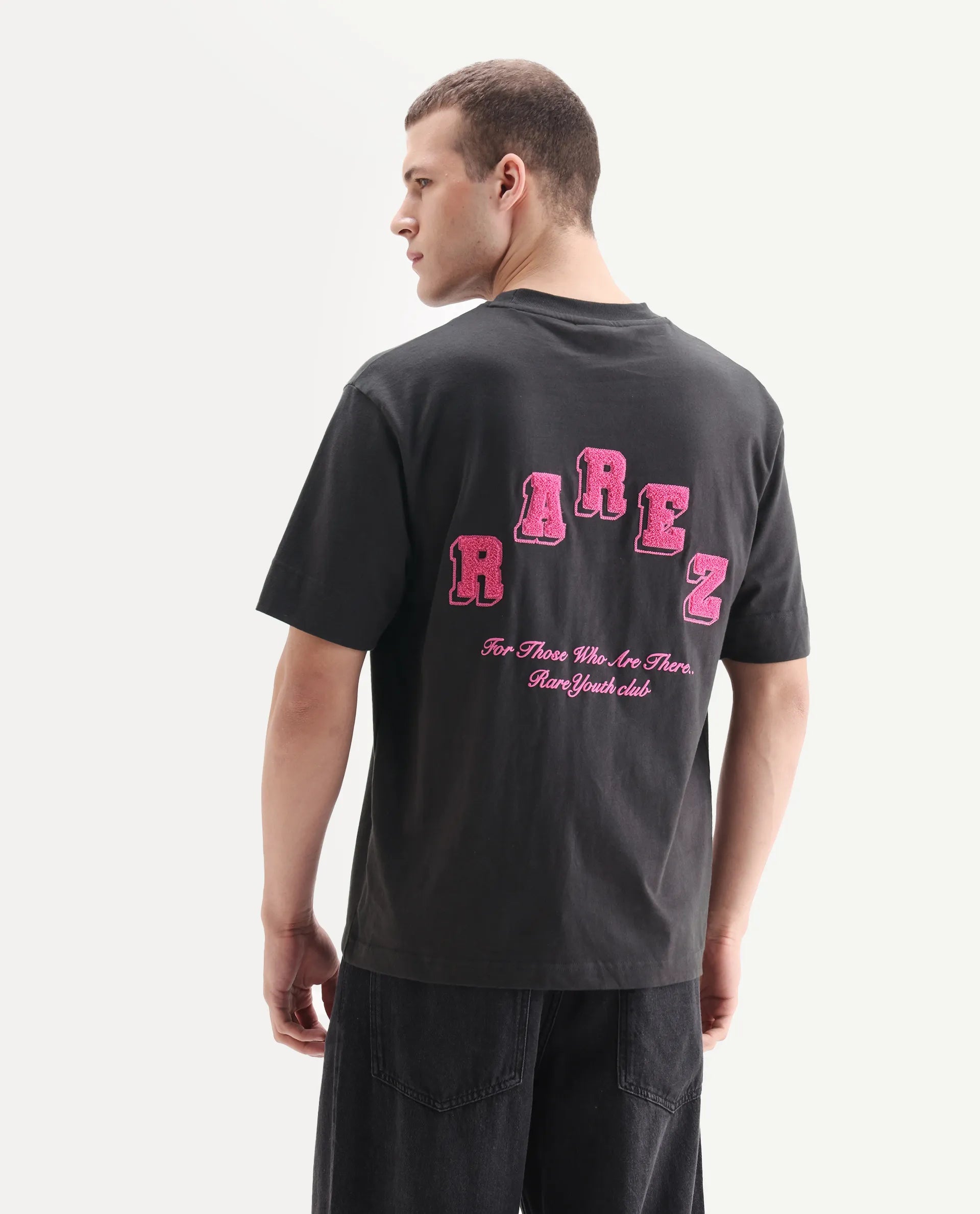 Rare Rabbit Men's Kany Dark Grey Cotton Embroidered Oversized Fit Half Sleeve Crew Neck T-Shirt