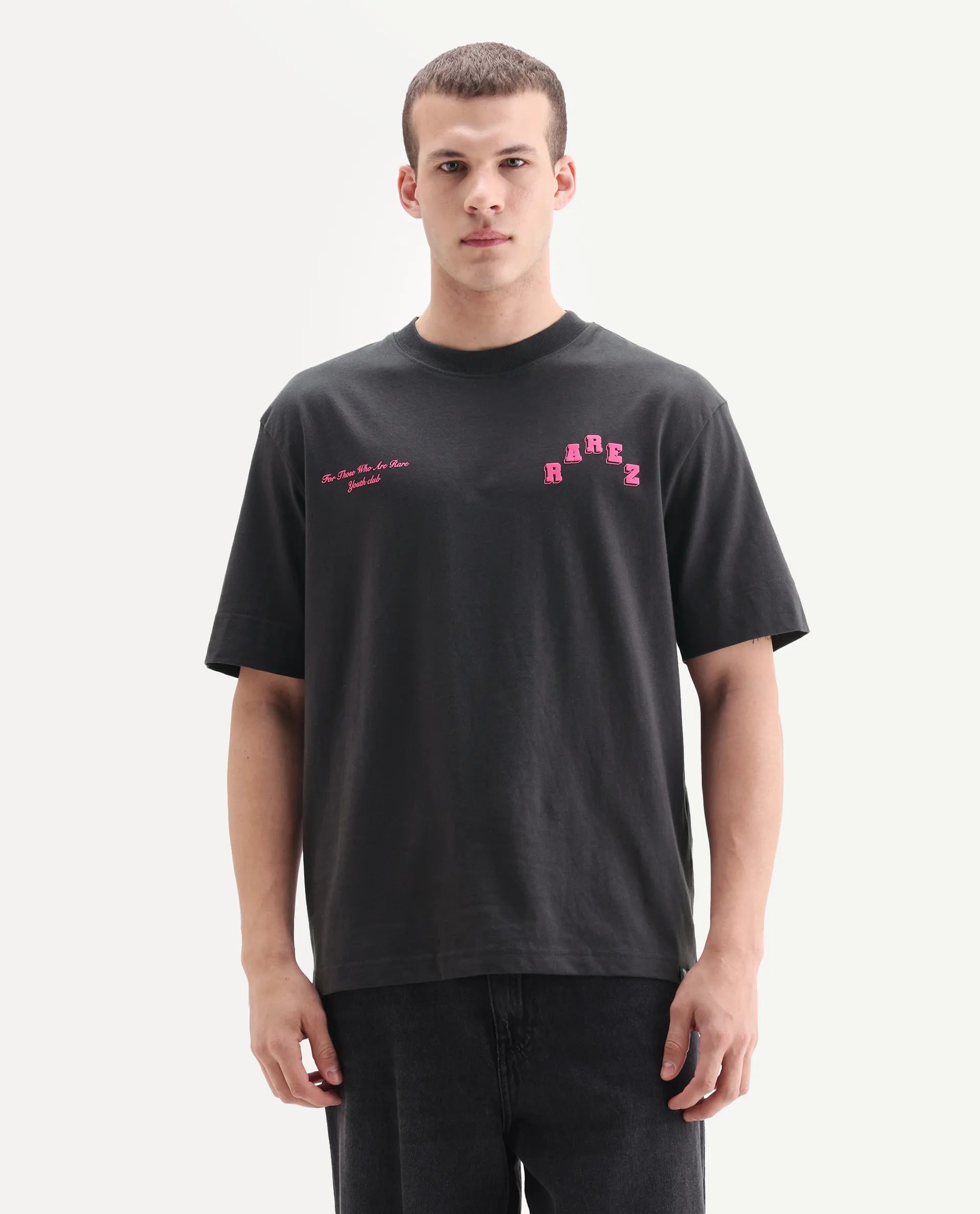 Rare Rabbit Men's Kany Dark Grey Cotton Embroidered Oversized Fit Half Sleeve Crew Neck T-Shirt