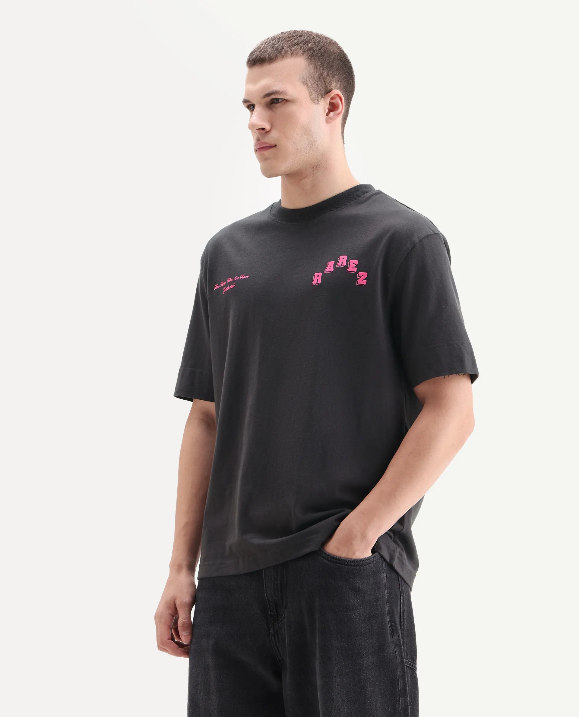 Rare Rabbit Men's Kany Dark Grey Cotton Embroidered Oversized Fit Half Sleeve Crew Neck T-Shirt