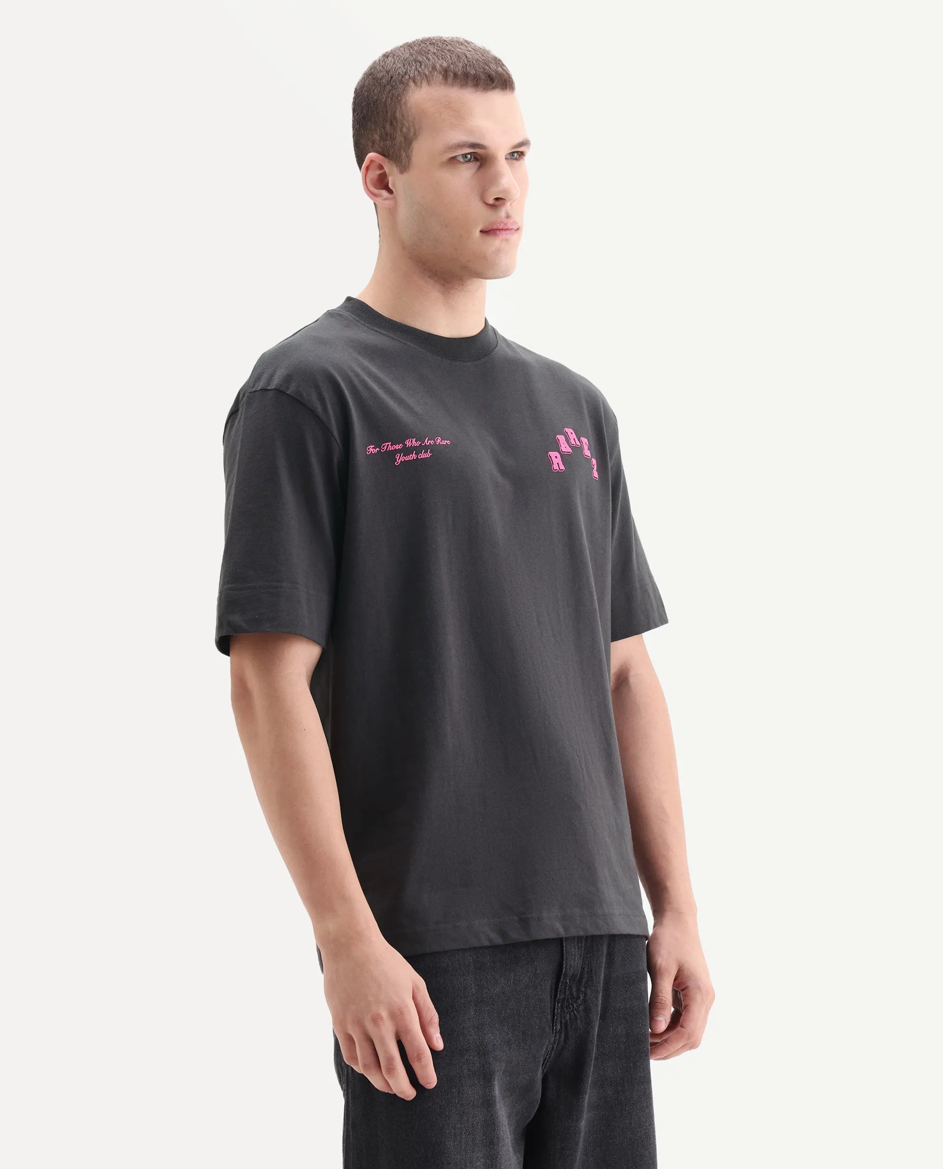 Rare Rabbit Men's Kany Dark Grey Cotton Embroidered Oversized Fit Half Sleeve Crew Neck T-Shirt