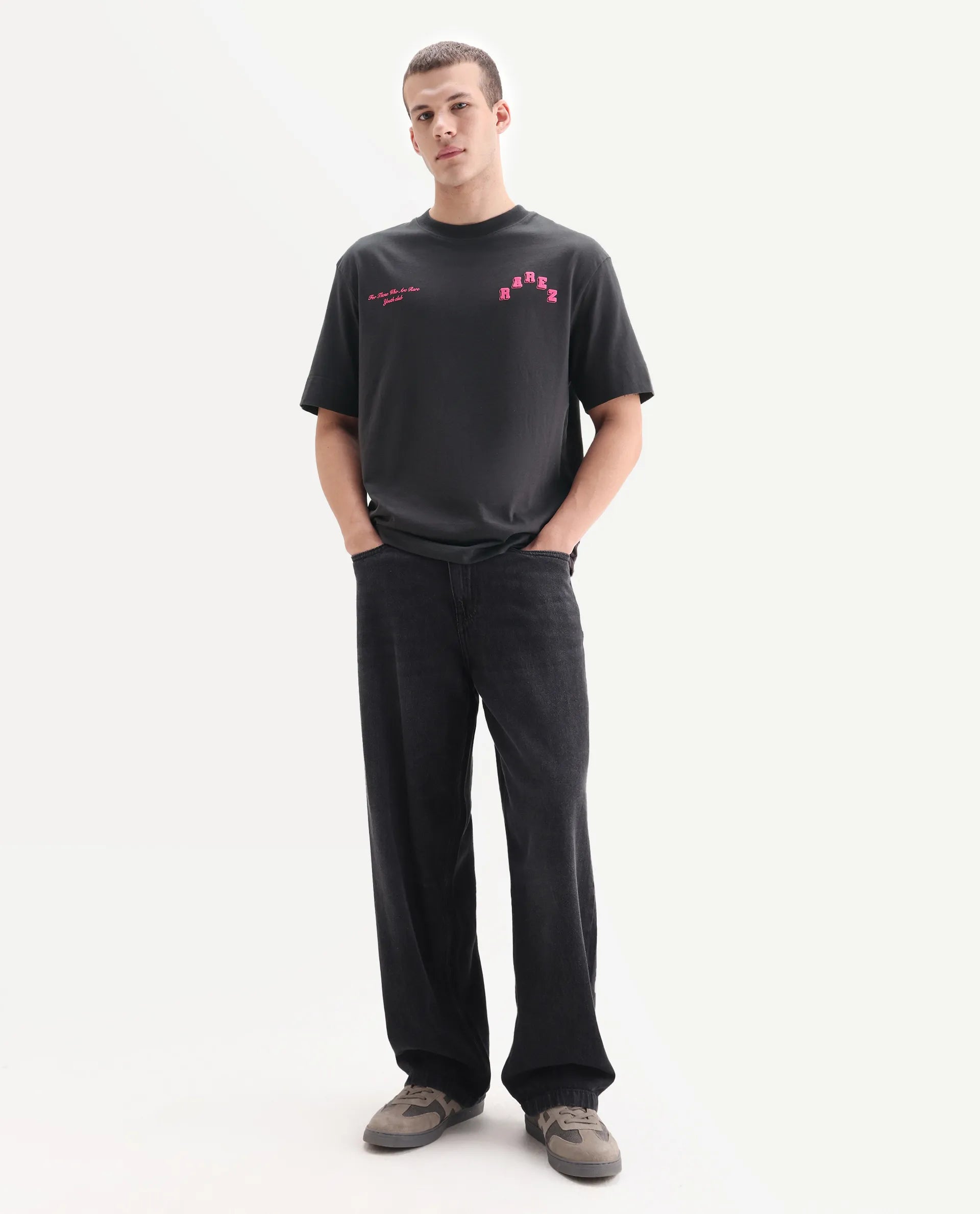 Rare Rabbit Men's Kany Dark Grey Cotton Embroidered Oversized Fit Half Sleeve Crew Neck T-Shirt