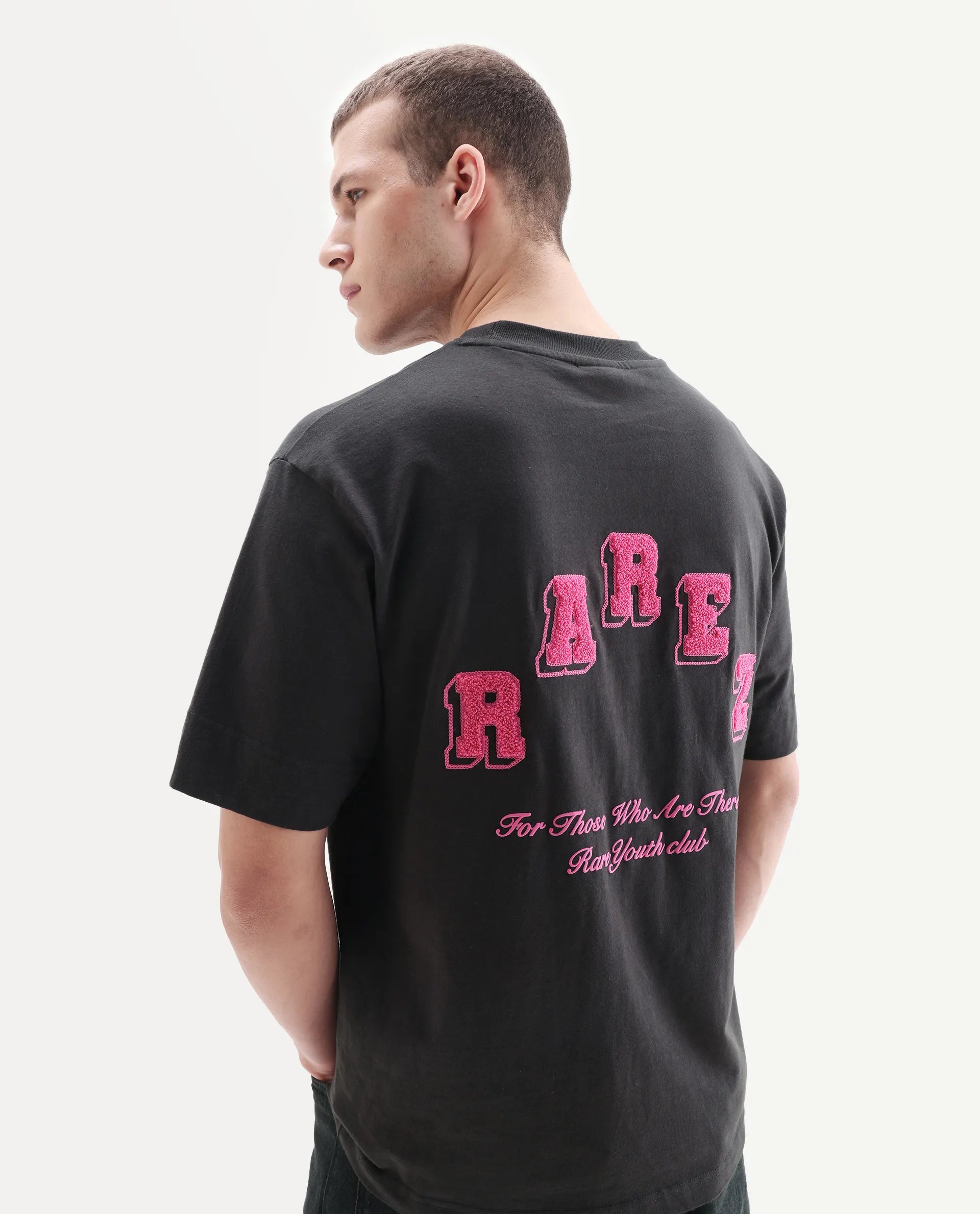 Rare Rabbit Men's Kany Dark Grey Cotton Embroidered Oversized Fit Half Sleeve Crew Neck T-Shirt