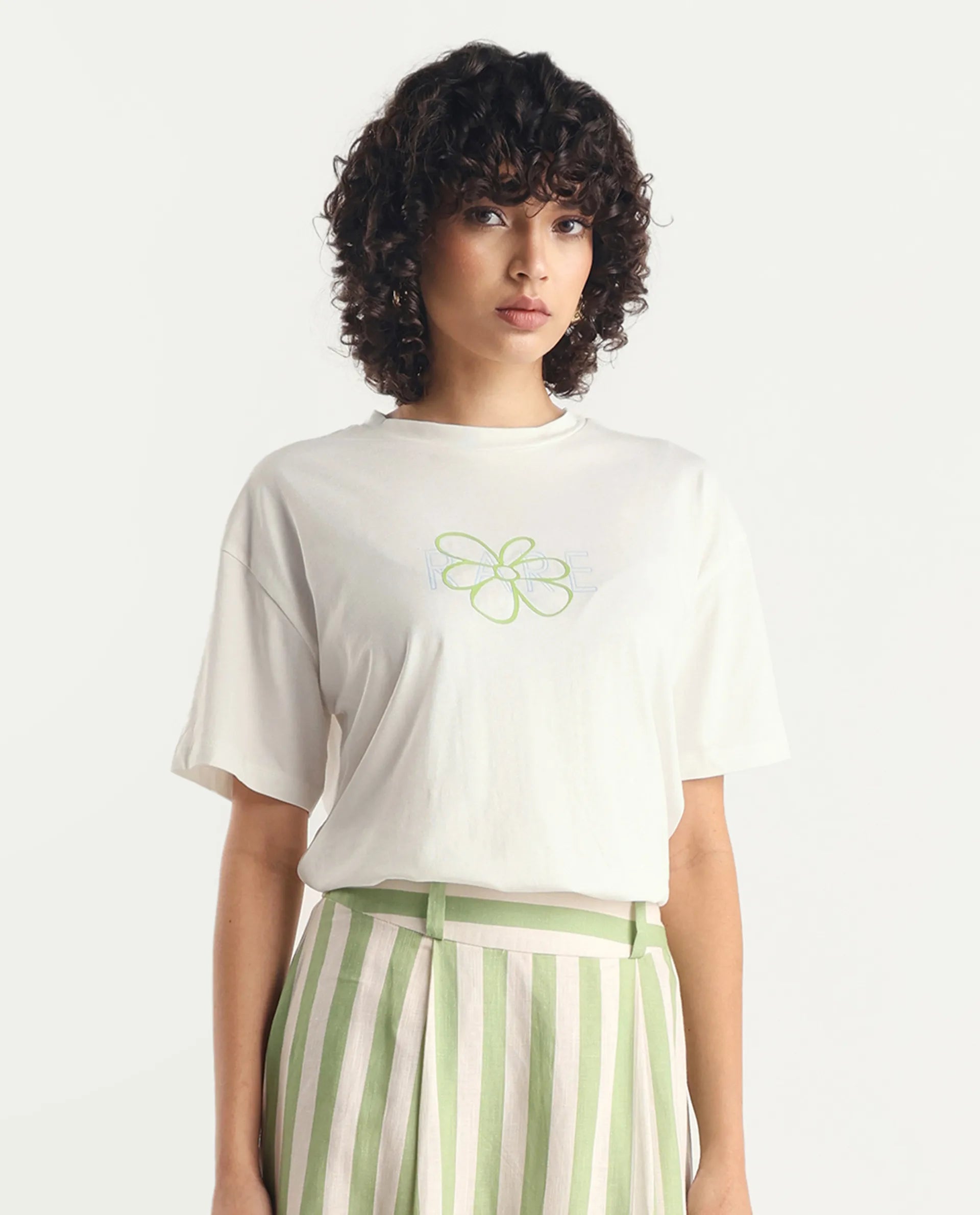 Rareism Women's Karen Off White Cotton Blend Crew Neck Graphic Print Boxy Fit T-Shirt