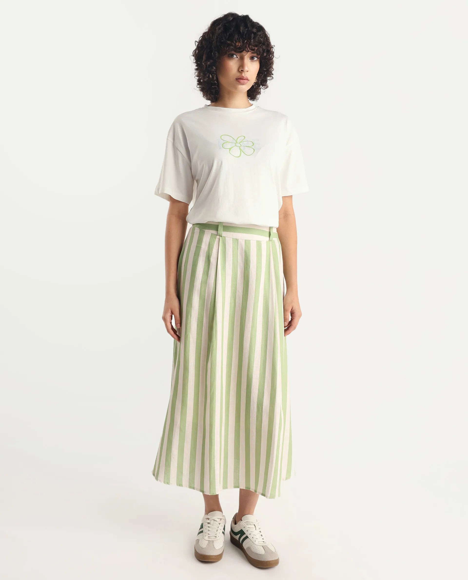 Rareism Women's Karen Off White Cotton Blend Crew Neck Graphic Print Boxy Fit T-Shirt