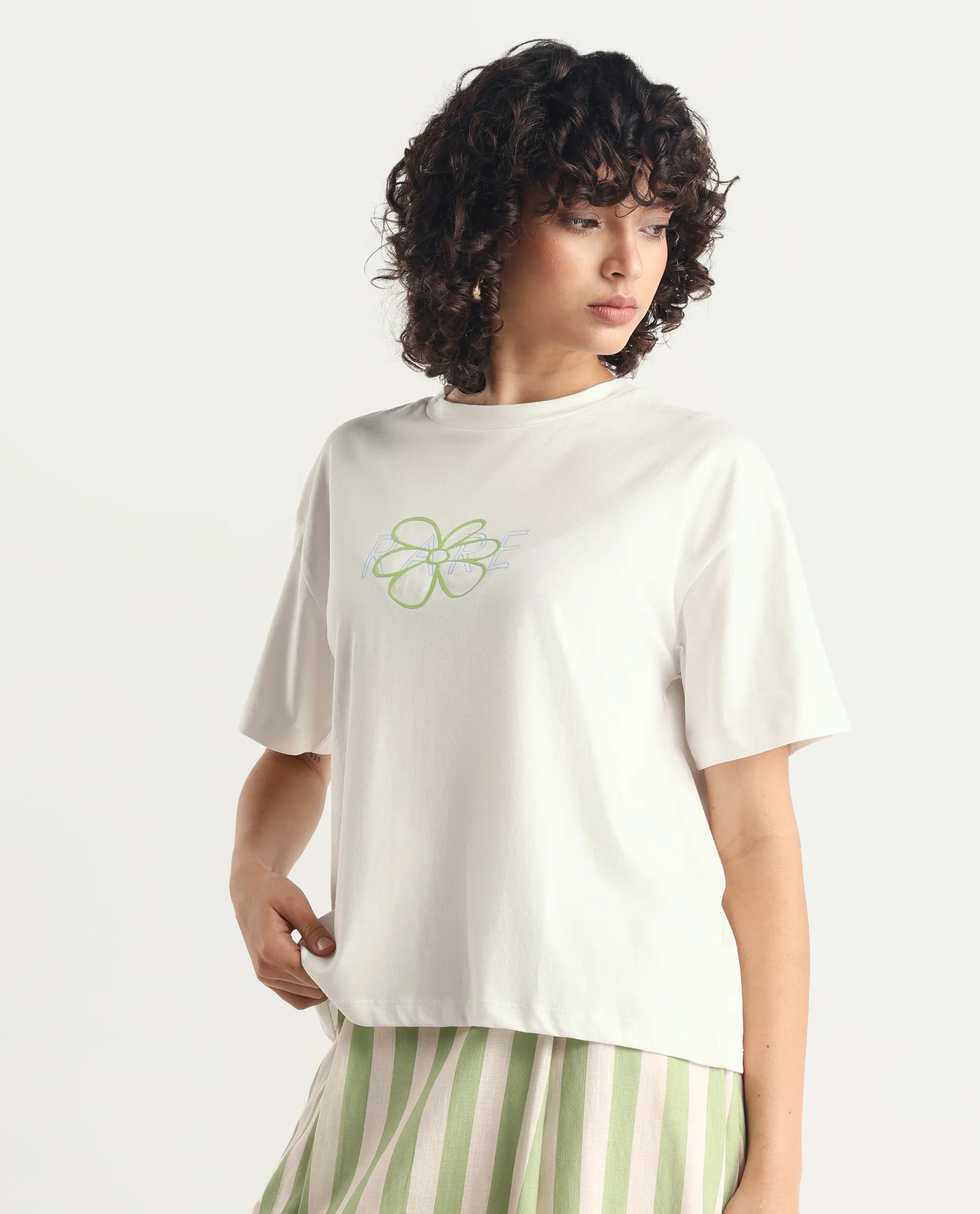 Rareism Women's Karen Off White Cotton Blend Crew Neck Graphic Print Boxy Fit T-Shirt