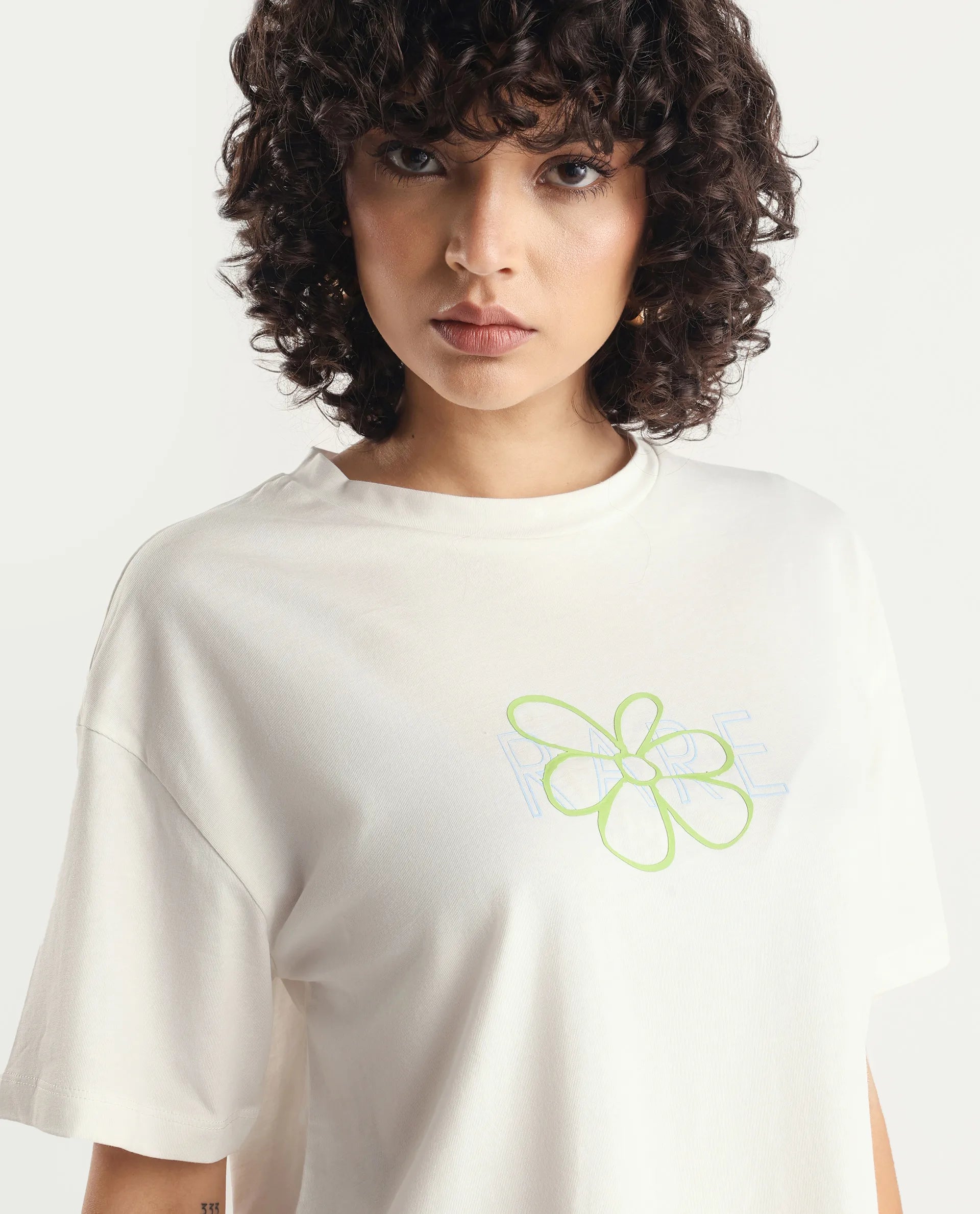 Rareism Women's Karen Off White Cotton Blend Crew Neck Graphic Print Boxy Fit T-Shirt