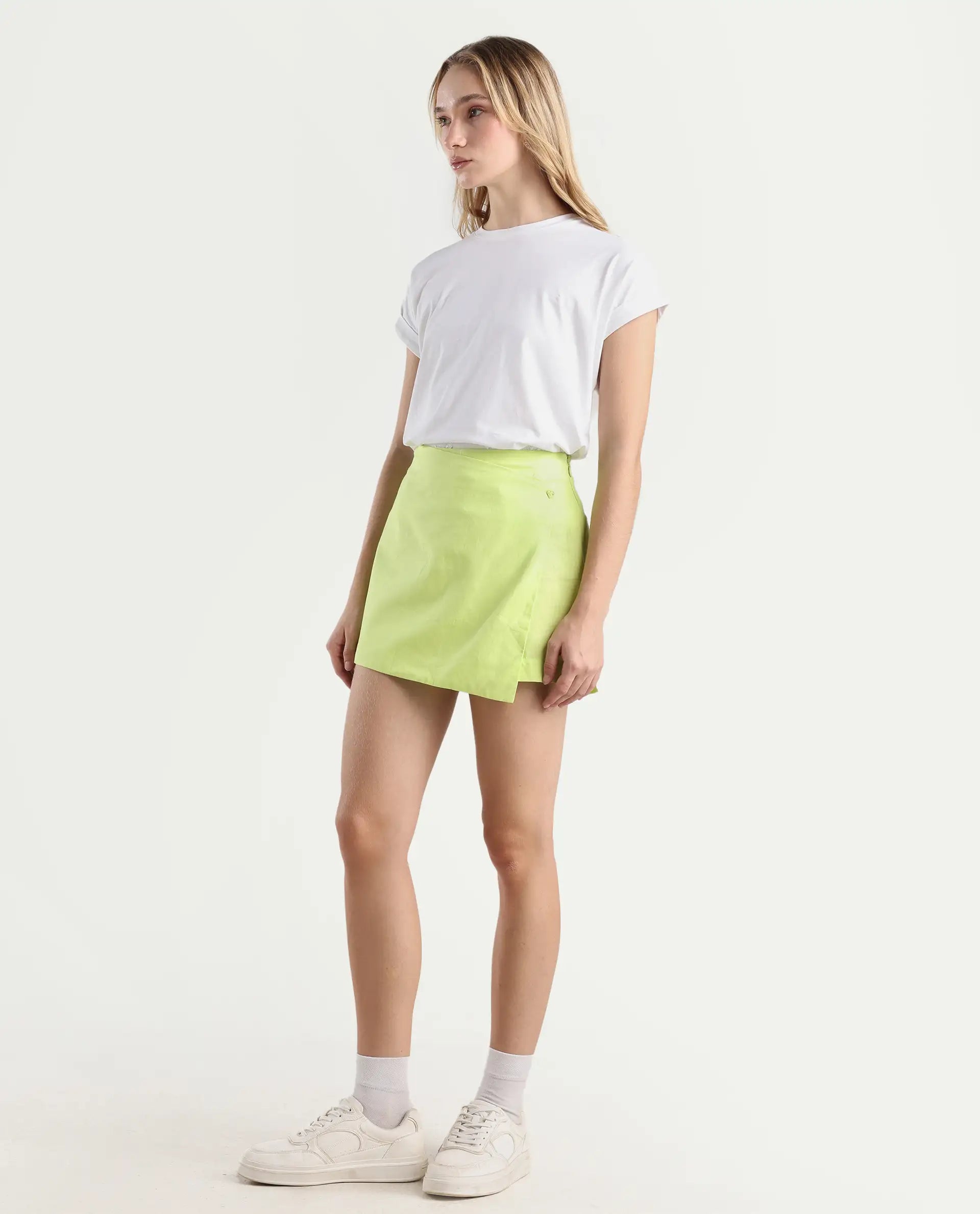 Rareism Women's Karine Flouroscent Green Cotton Plain Mini Regular Fit Skirt