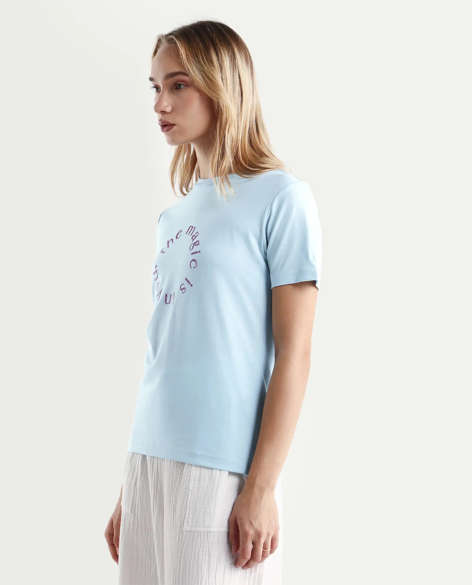 Rareism Women's Karlie Light Blue Cotton Crew Neck Graphic Print Regular Fit T-Shirt