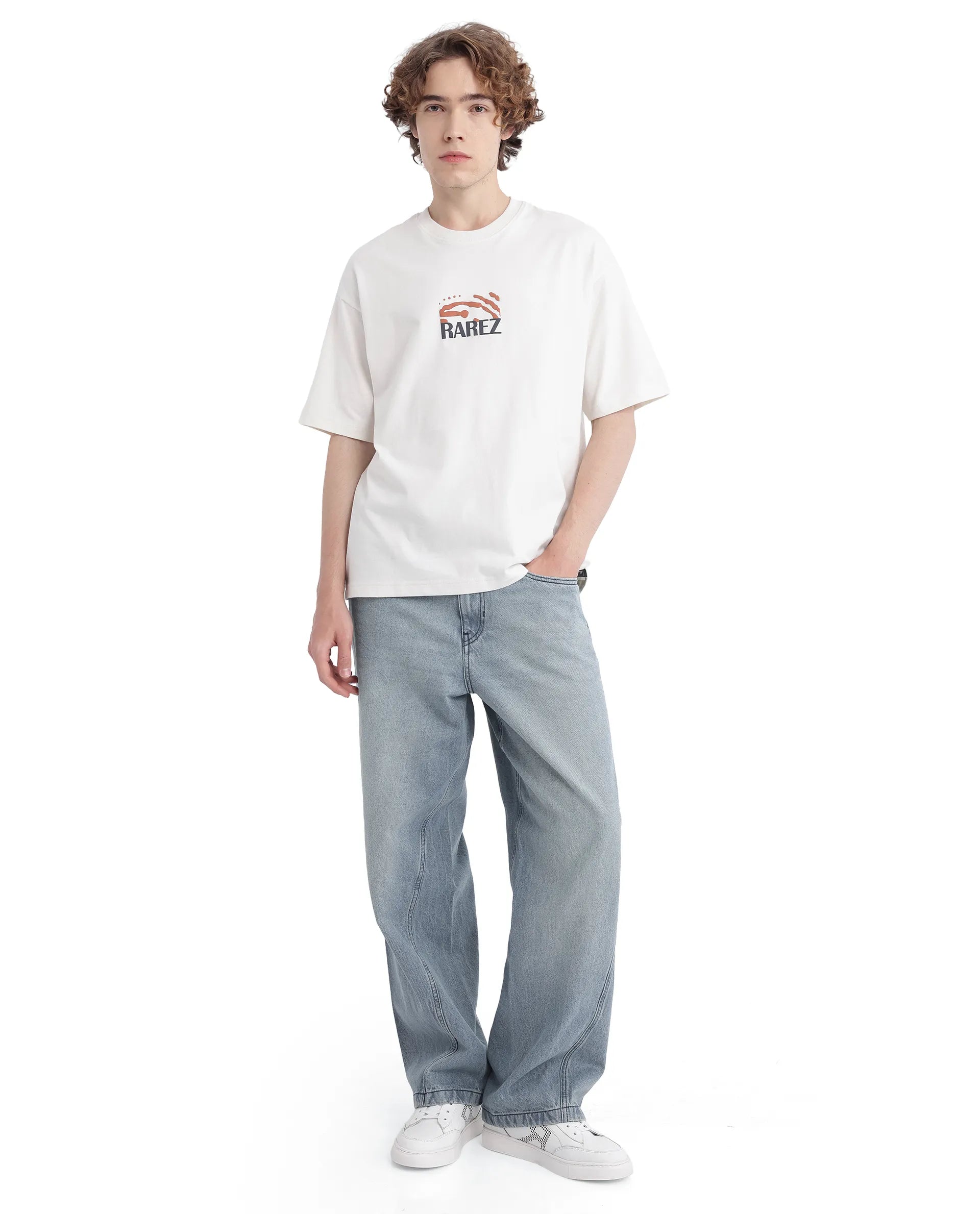 Rare Rabbit Men Karwo Off White Cotton Fabric Short Sleeve Crew Neck Oversized Fit Graphic Print T-Shirt