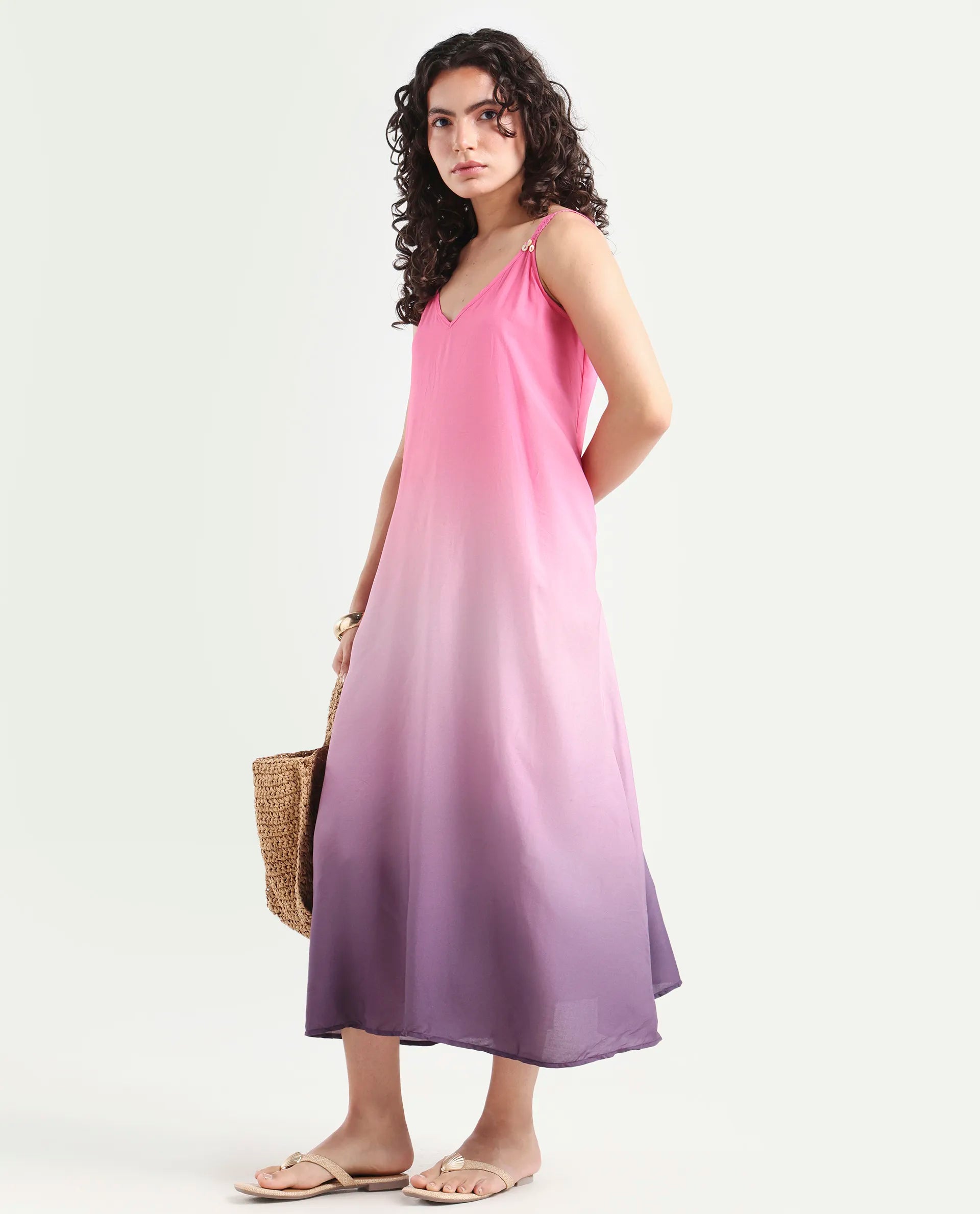 Rareism Women's Kathy Multi Viscose Shoulder Strap Ombre Shoulder Strap Midi Regular Fit Dress