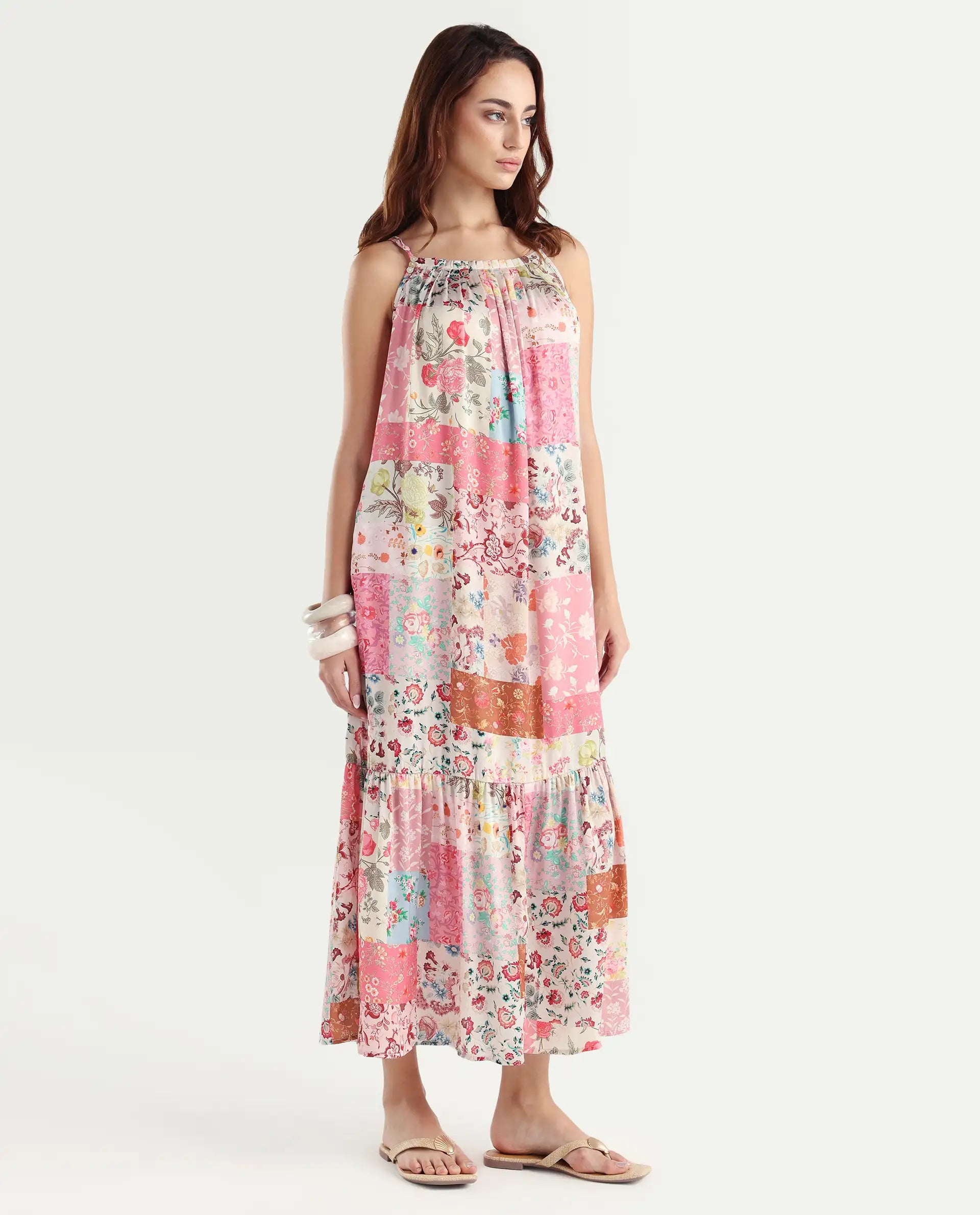 Rareism Women's Katie Multi Polyester Shoulder Strap Floral Print Shoulder Strap Maxi Regular Fit Dress