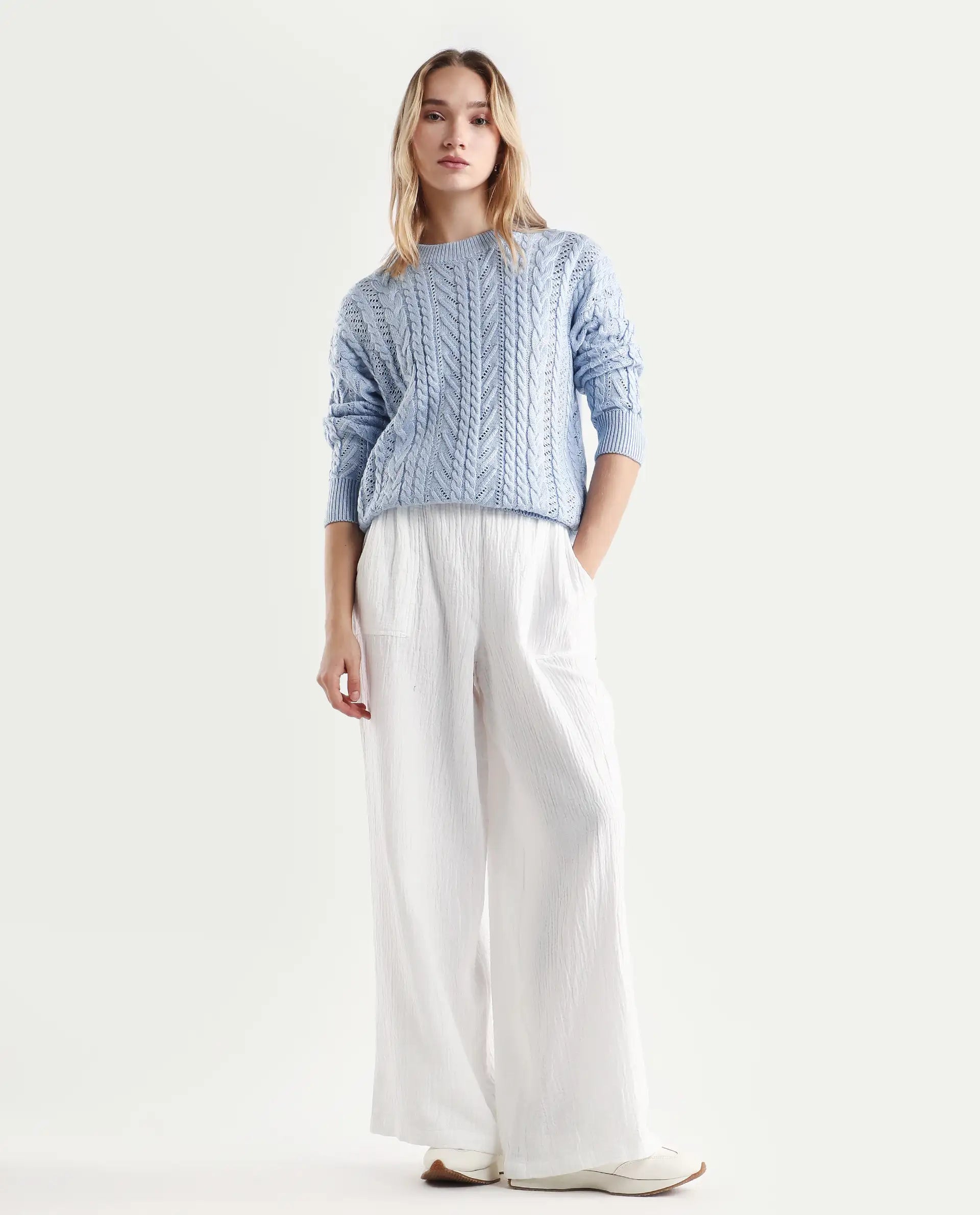 Rareism Women's Kaya Light Blue Acrylic Crew Neck Plain Regular Fit Sweater