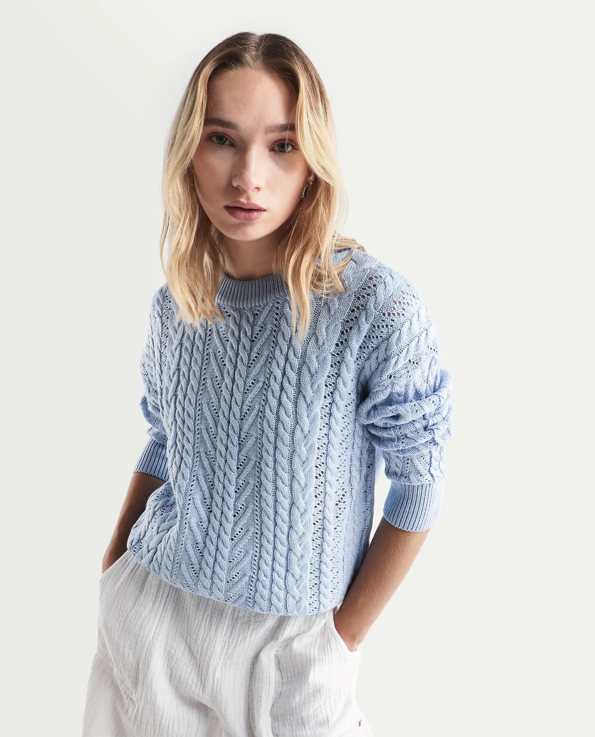 Rareism Women's Kaya Light Blue Acrylic Crew Neck Plain Regular Fit Sweater