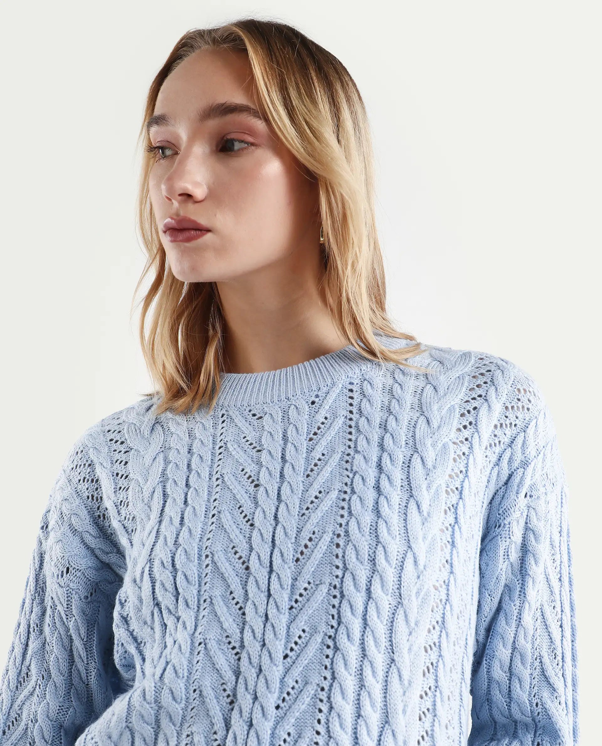 Rareism Women's Kaya Light Blue Acrylic Crew Neck Plain Regular Fit Sweater